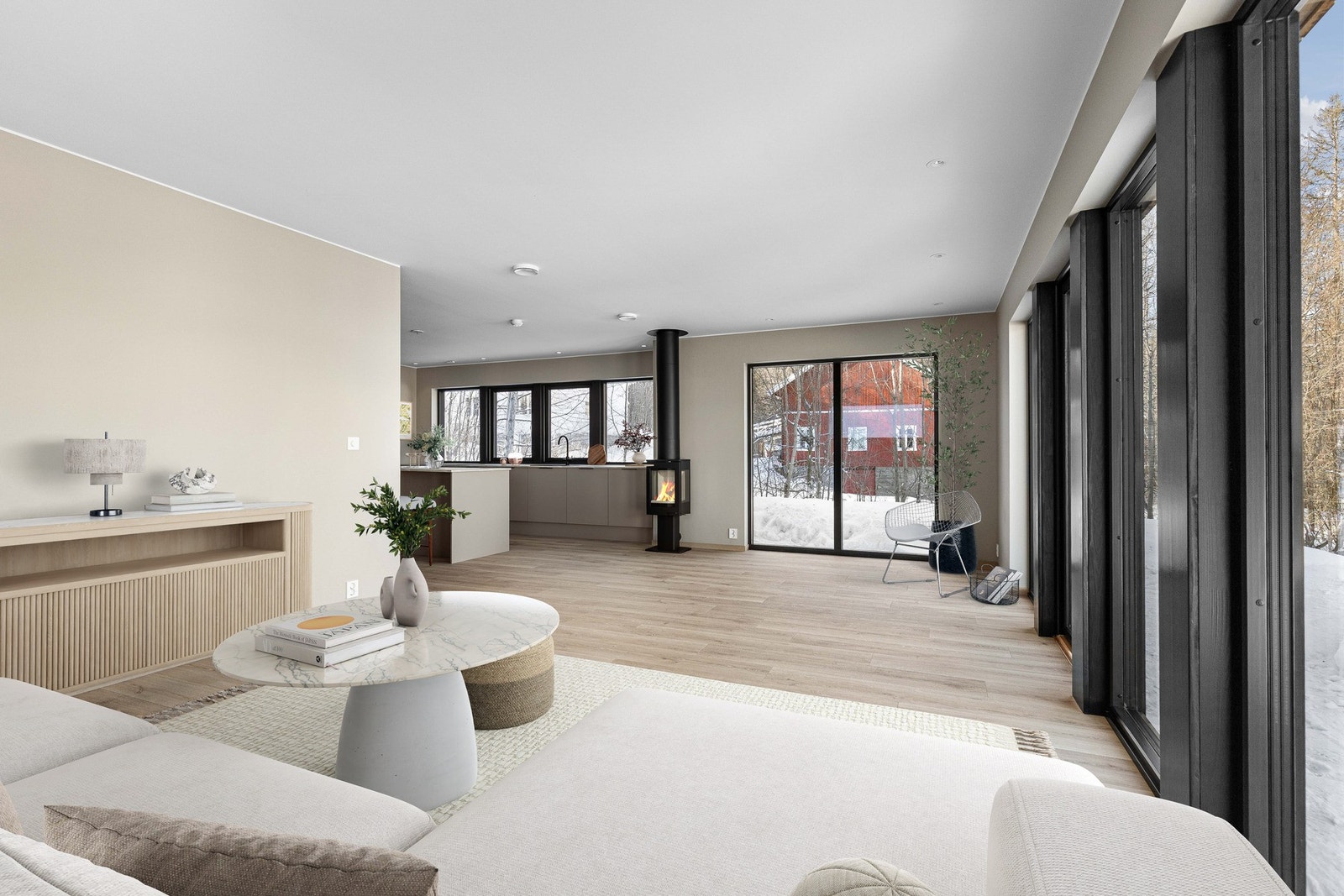 Gulvet er hvitpigmentert 1-stavs laminat fra Pergo (Lillehammer Pure Oak). Bilde er digital stylet. Galleribilde