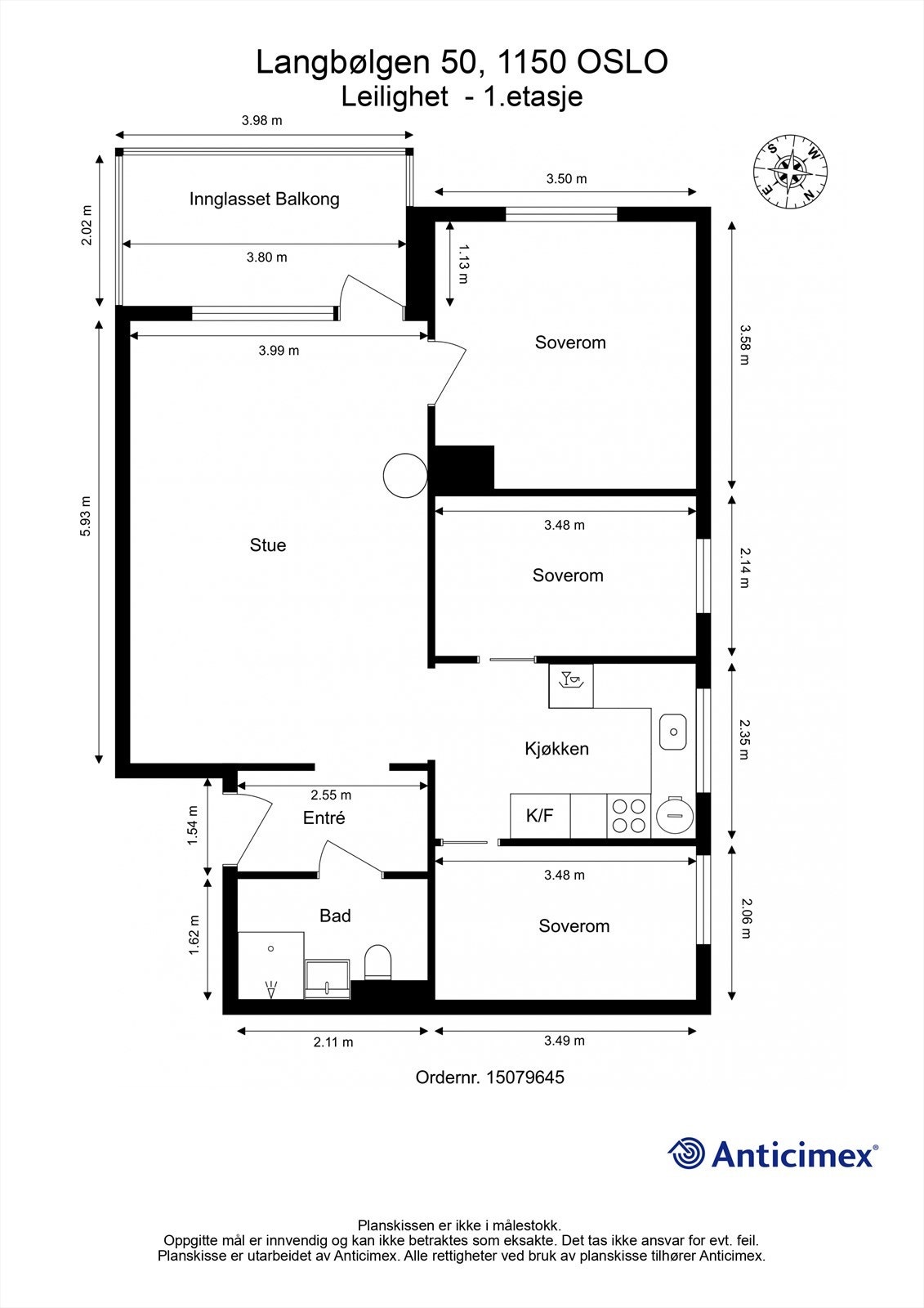 Leiligheten har en arealeffektiv planløsning med tre soverom og delvis åpen løsning mot stuen. Galleribilde