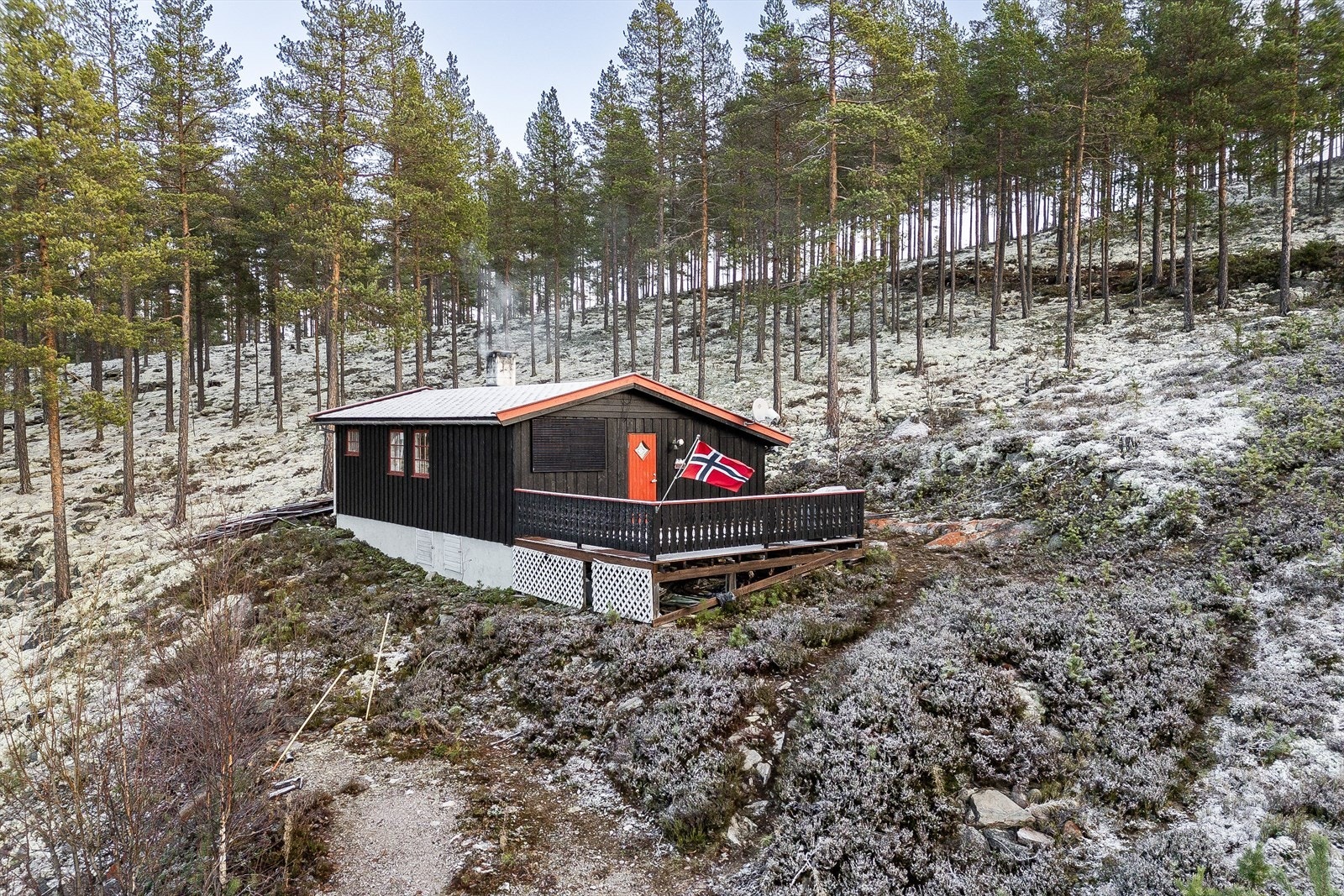 Det er bilvei helt frem til hytta med mulighet for brøyting på vinterstid. Galleribilde