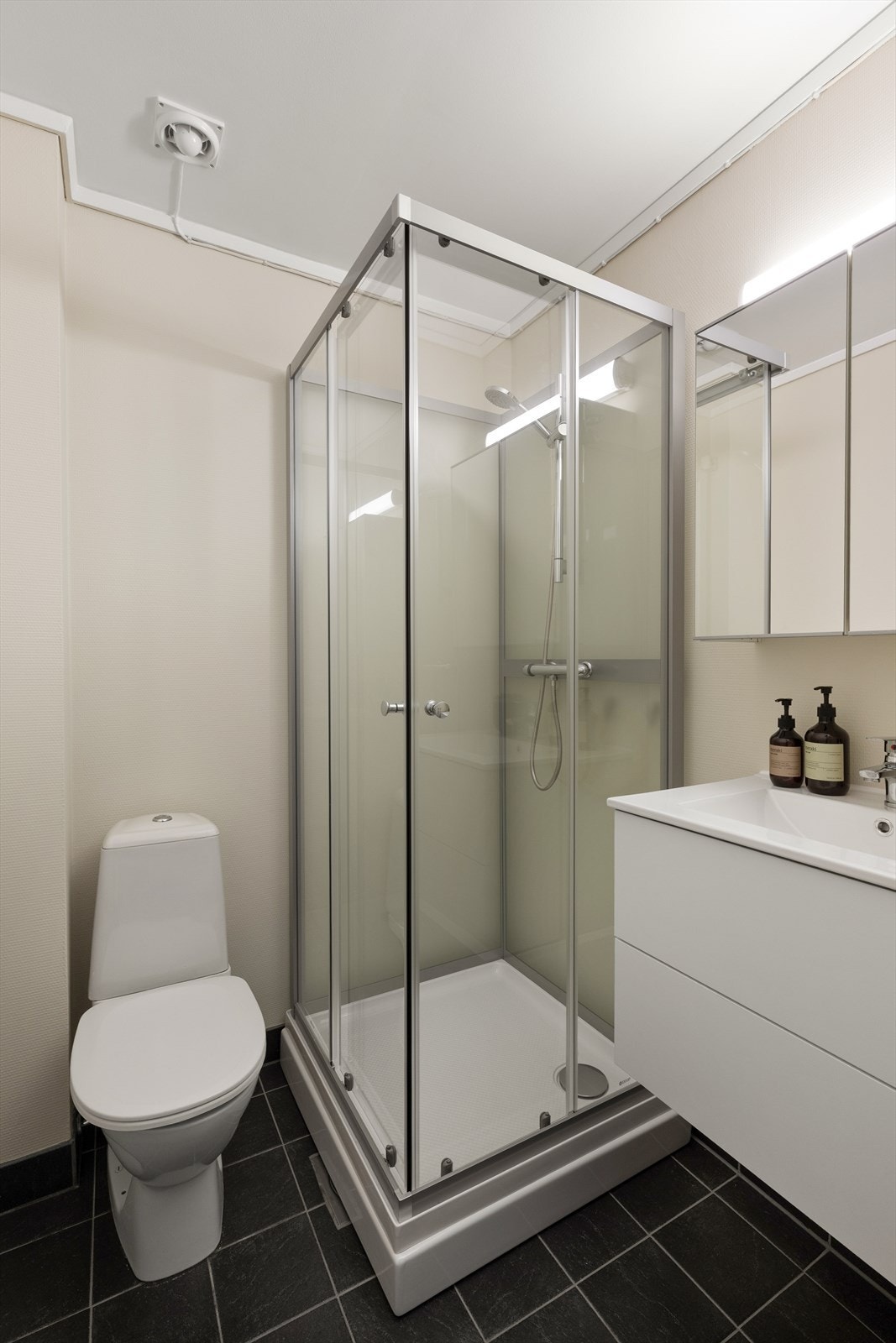 Badet ligger rett ved gangen og soverommet. Her er det fliser på gulv og innredet med toalett, servant og dusjkabinett. Galleribilde