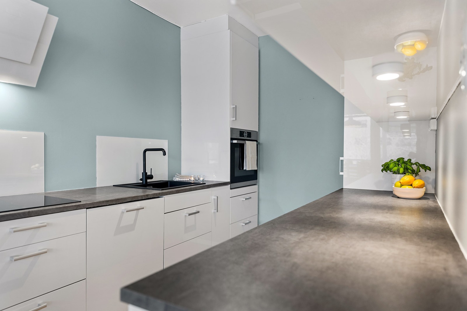 Kjøkkenet er utstyrt med benkeskapsbelysning og stikkontakter over kjøkkenbenk. Integrert stekeovn, platetopp, oppvaskmaskin og kjøleskap. Galleribilde