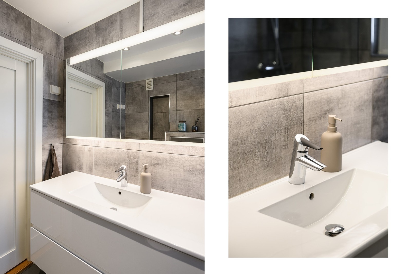 Badet ble oppgradert i 2019 og har en stilren innredning med heldekkende servant på skuffeseksjon. Galleribilde