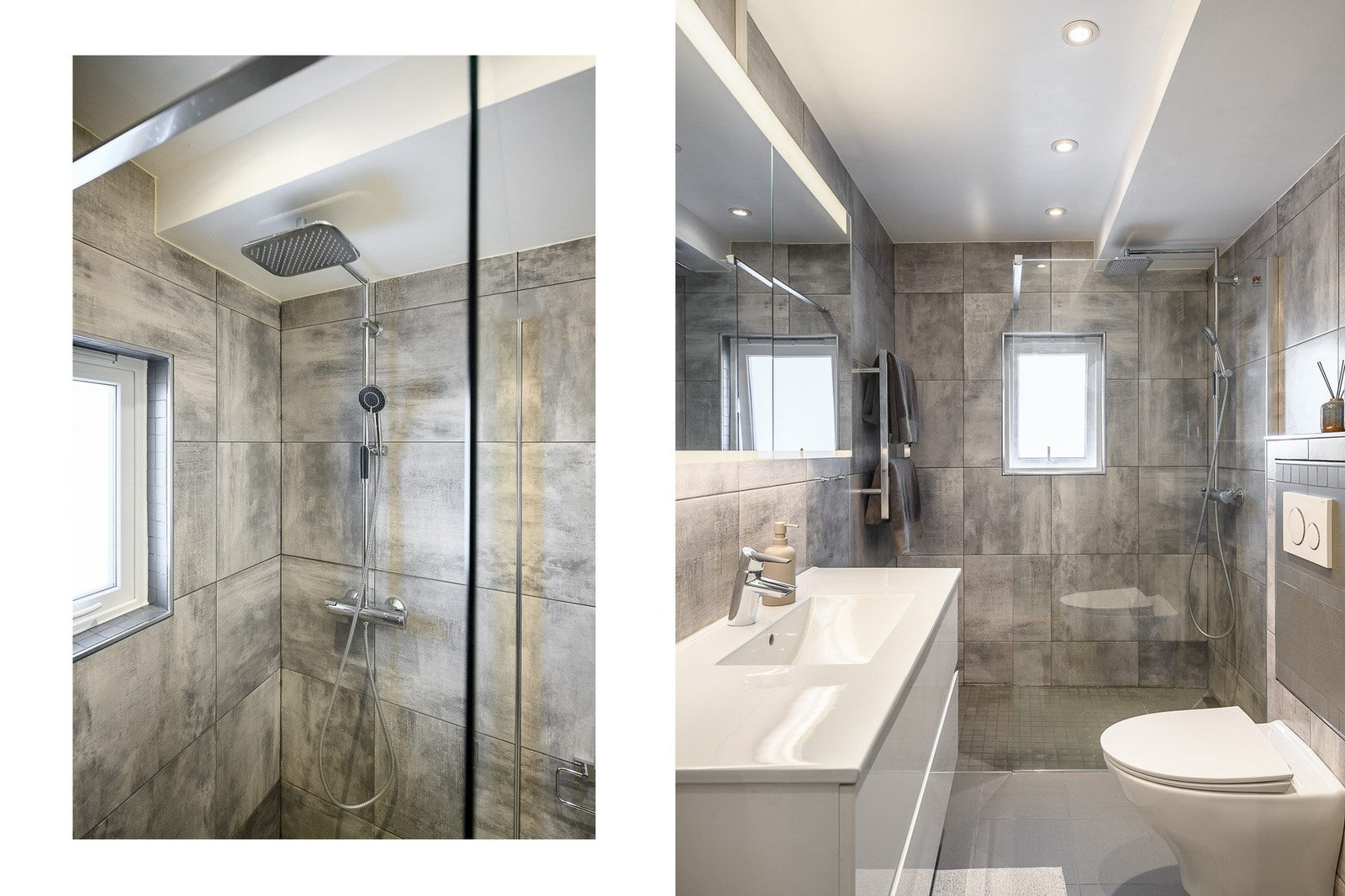 Badet har vegghengt toalett og dusjhjørne med fast glassdør, samt elektrisk varme i gulvet. Galleribilde