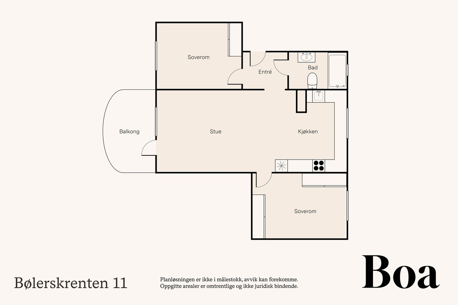 Leiligheten ligger i 1. etasje og består av følgende rom: Entré, stue/kjøkken, bad og to soverom. Galleribilde