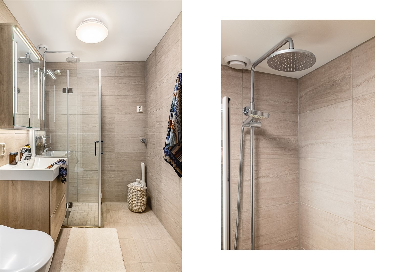 Lekkert helfliset bad med varmekabler som ble renovert av firma i 2018. Badet har tidsriktige og moderne fliser, opplegg for vaskemaskin, dusjhjørne i glass og servant/speilskap med god plass til oppbevaring. Galleribilde