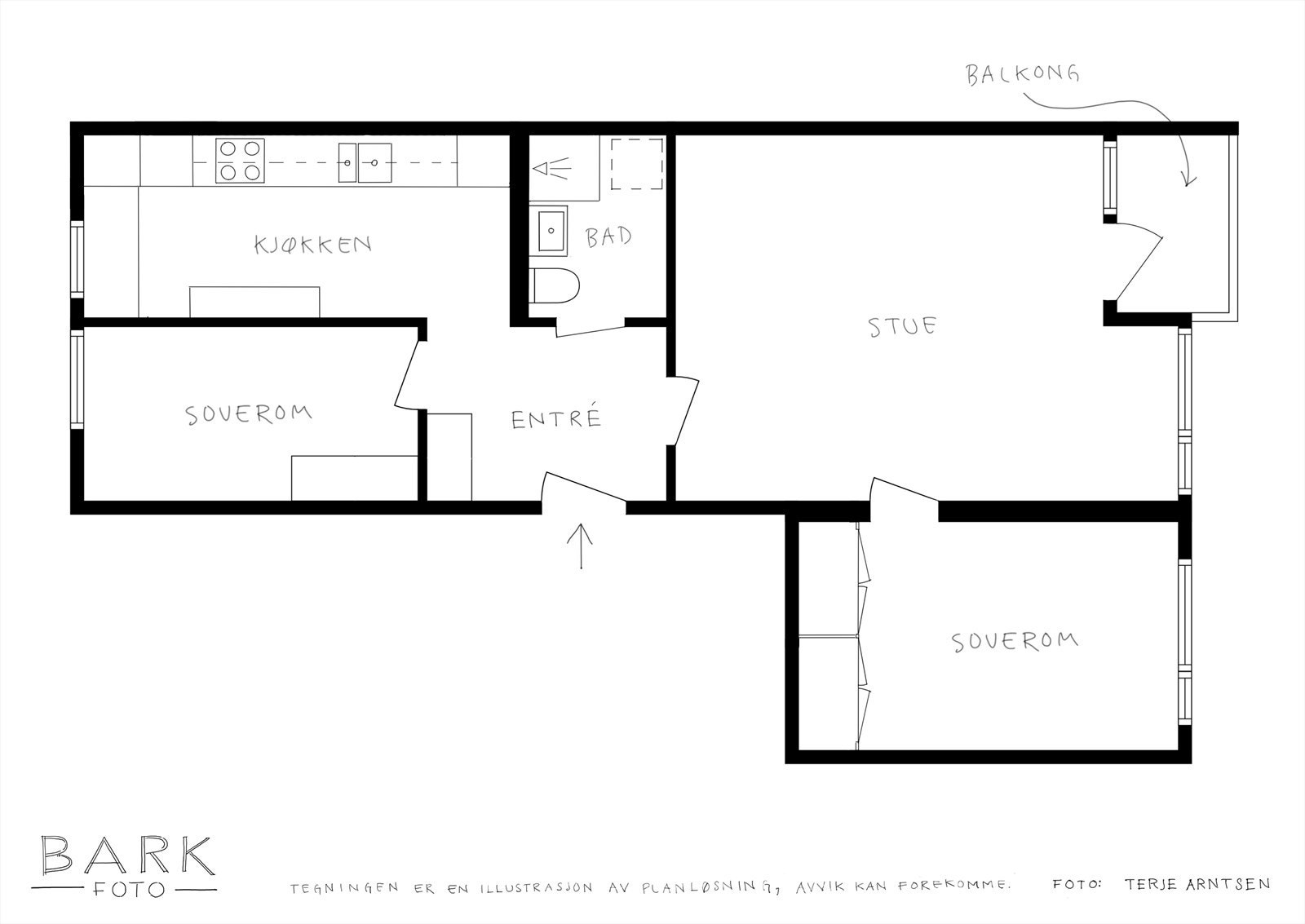 Plantegning. Leiligheten har enkel tilkomst i byggets 1.etasje.
Leiligheten disponerer en bod i kjeller på 3,8 kvm og en loftsbod på 5,3 kvm (gulvareal 6,8 kvm). Galleribilde