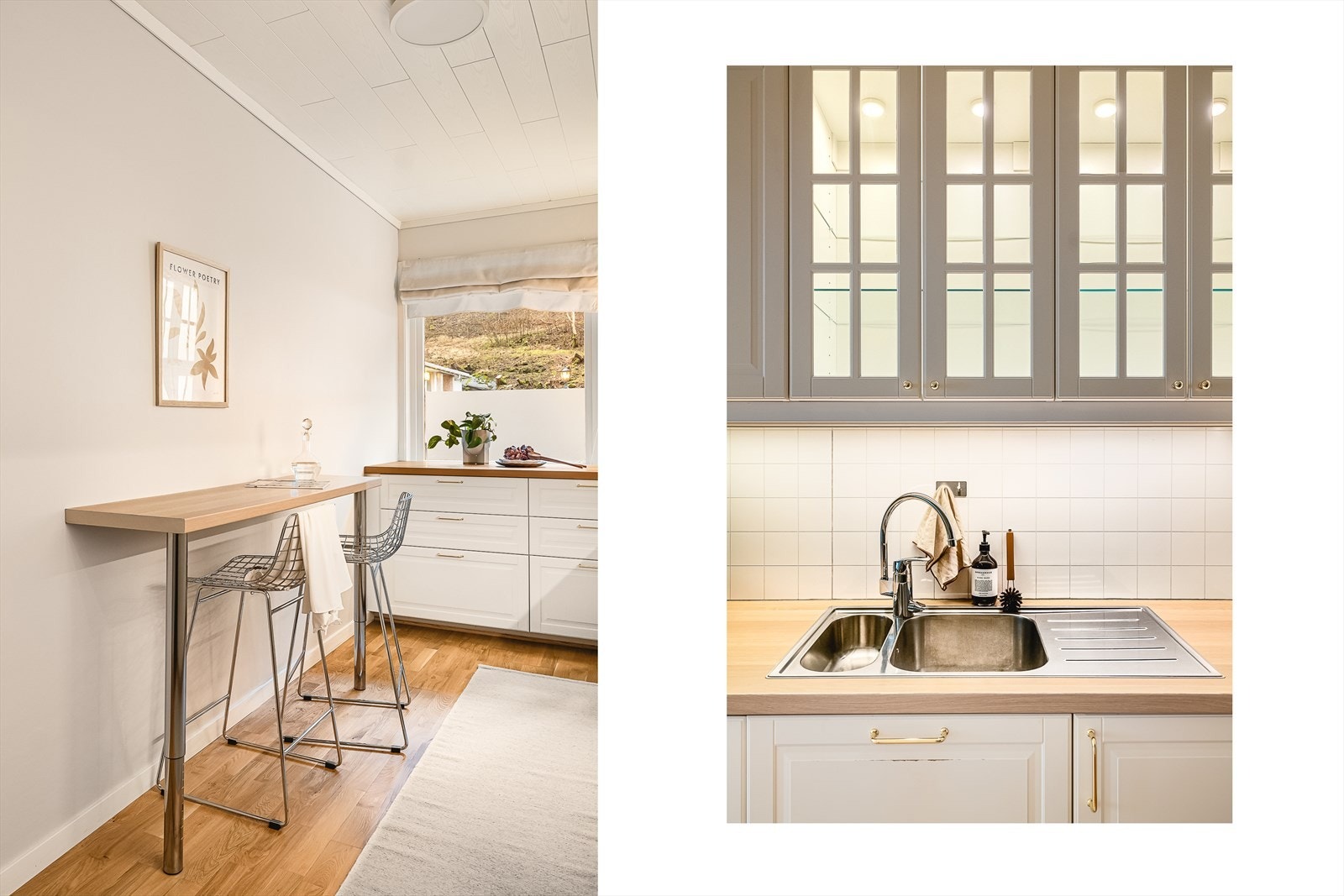 Alle hvitevarene på kjøkkenet er integrert, og stekeovn og mikrobølgeovn er montert høyt. Kjøkkenventilator har avtrekk ut gjennom yttervegg. Galleribilde