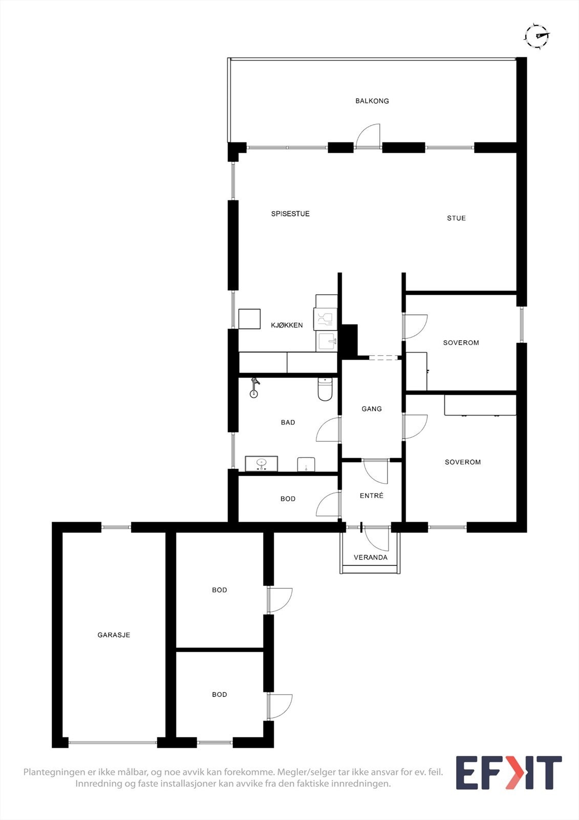 Boligen har en arealeffektiv planløsning på ett plan med to soverom og åpen stue- og kjøkkenløsning. Galleribilde