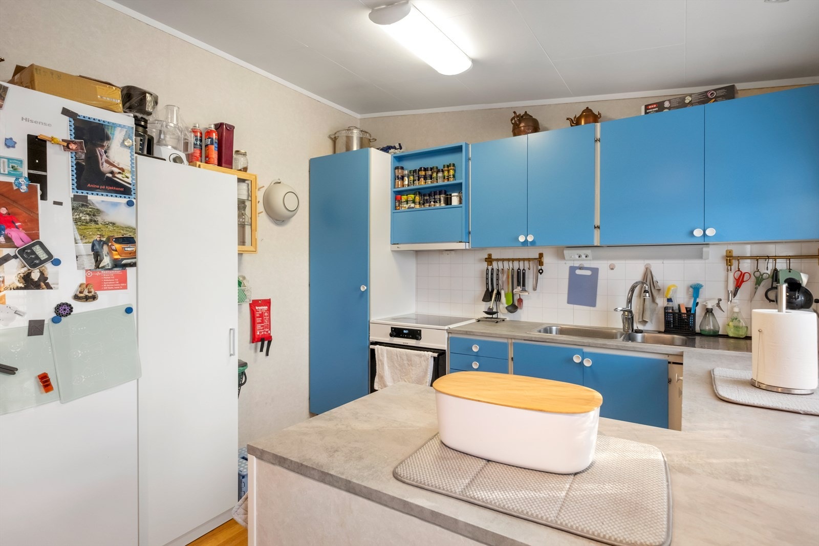 Kjøkkenet har komfyr og oppvaskmaskin, med frittstående kjøle/fryseskap. Galleribilde