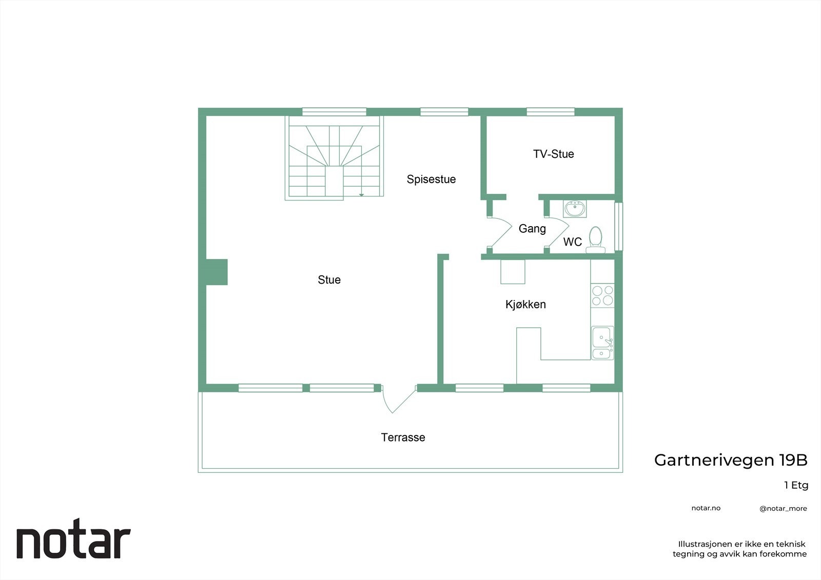 Stuen har utgang til en romslig terrasse, ideell for utendørs avslapning. Galleribilde