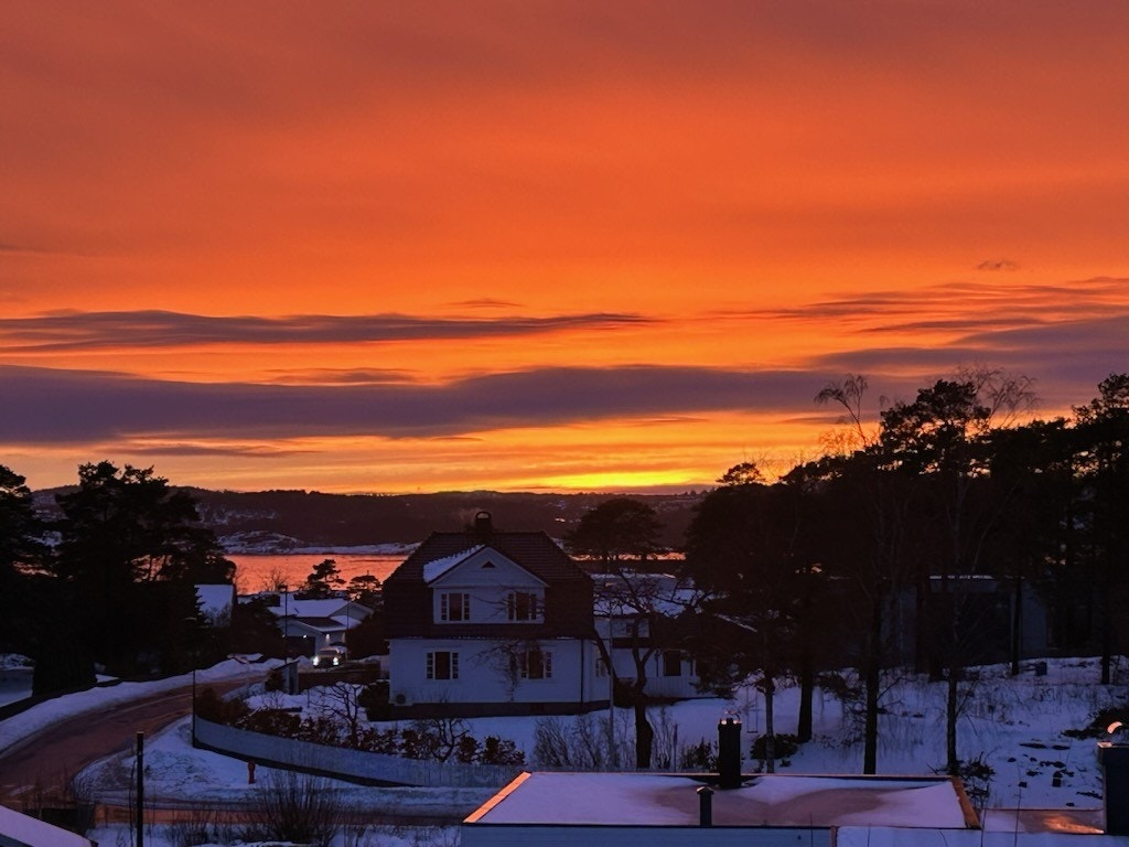 Solnedgang fra terrassen, vinter. Galleribilde