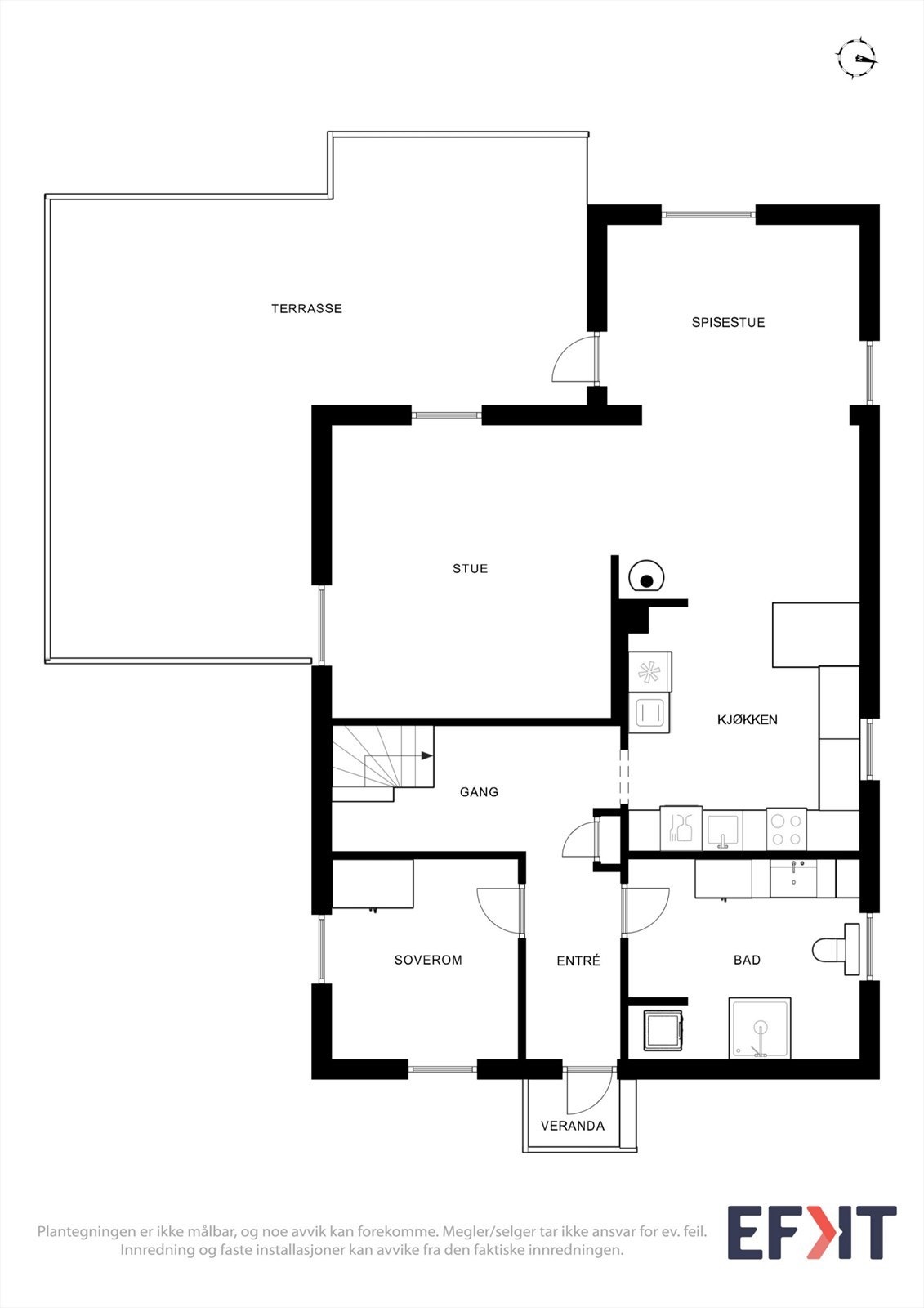 Første etasje: Entré, stue, spisestue, kjøkken, bad og ett soverom. Stor terrasse med utg. fra spisestuen. Galleribilde