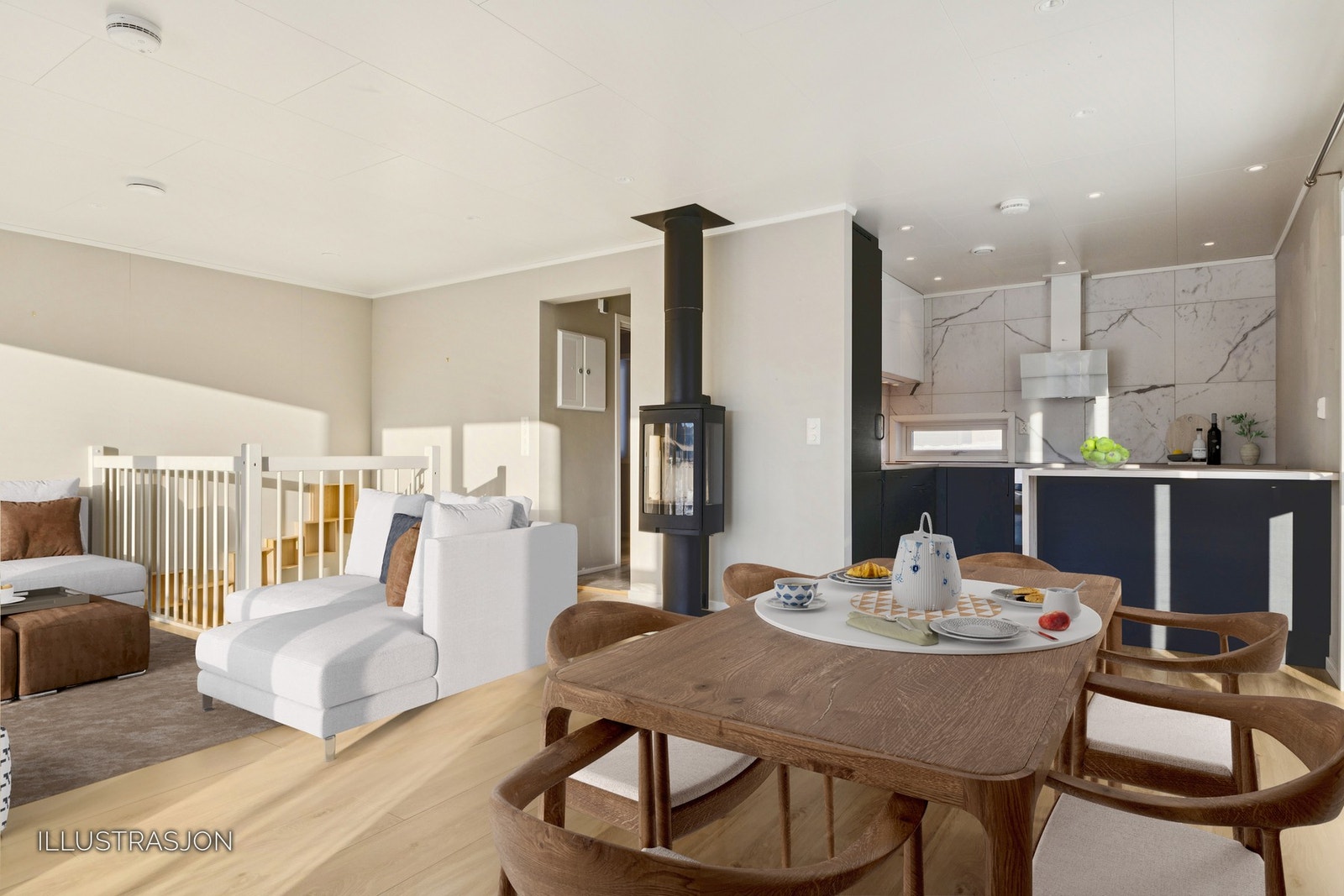 Den åpne planløsningen gir en sosial og luftig sone for hele familien. Galleribilde