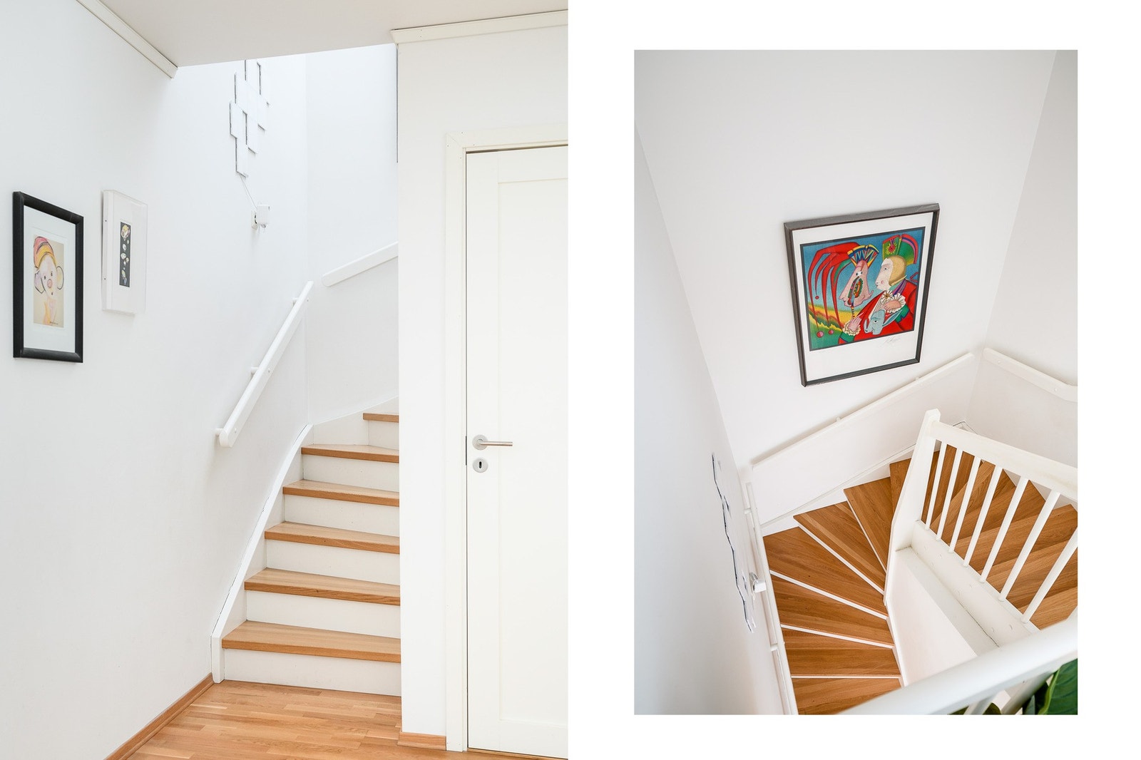 Trapp med eiketrinn og hvitt rekkverk binder de to etasjene sammen på en lys og effektiv måte. Galleribilde