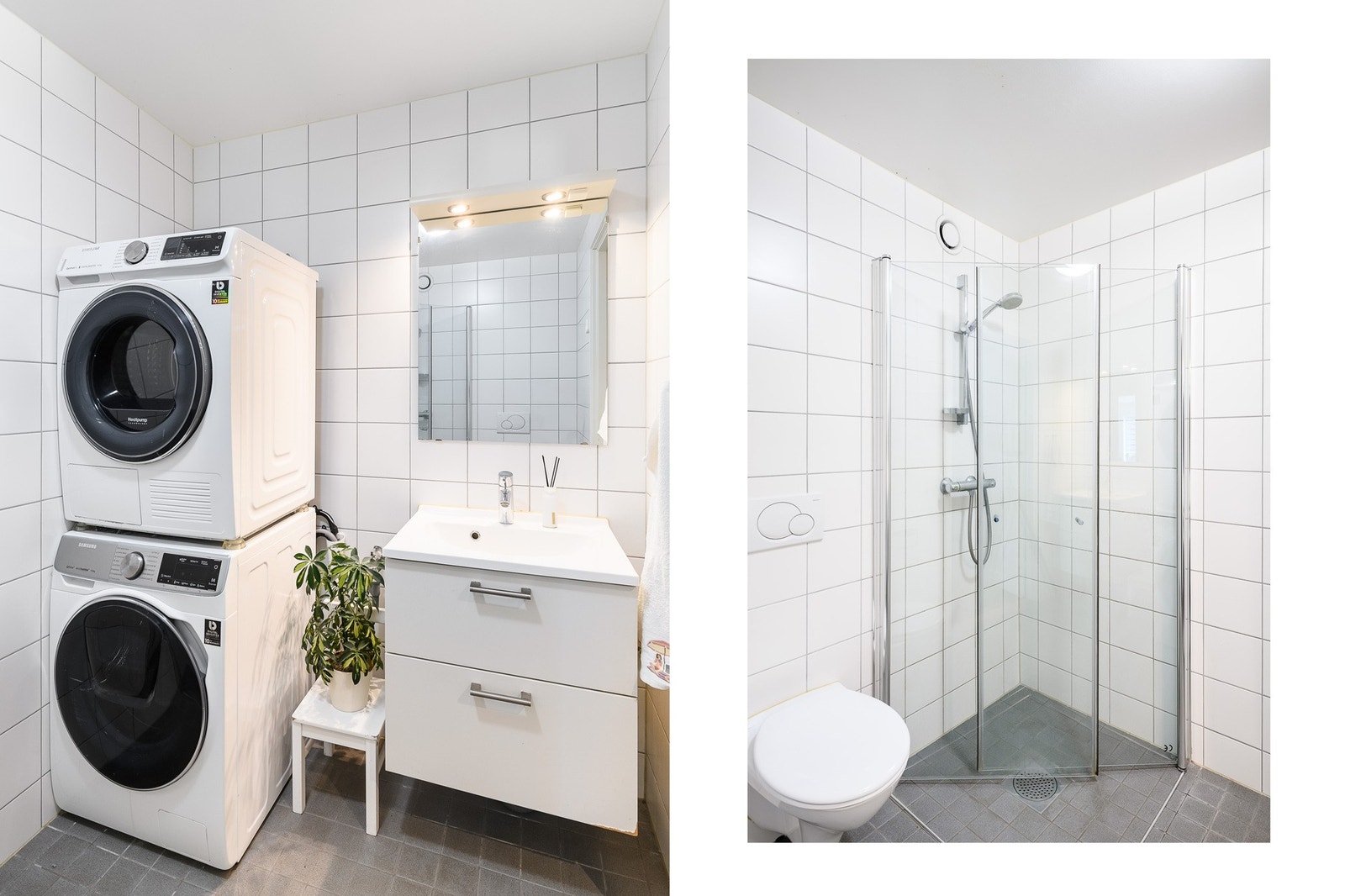 Badet i første etasje har vegghengt toalett, dusjsone med innfellbare dusjdører, baderomsinnredning med skuffer og heldekkende servant samt opplegg for vaskesøyle. Galleribilde