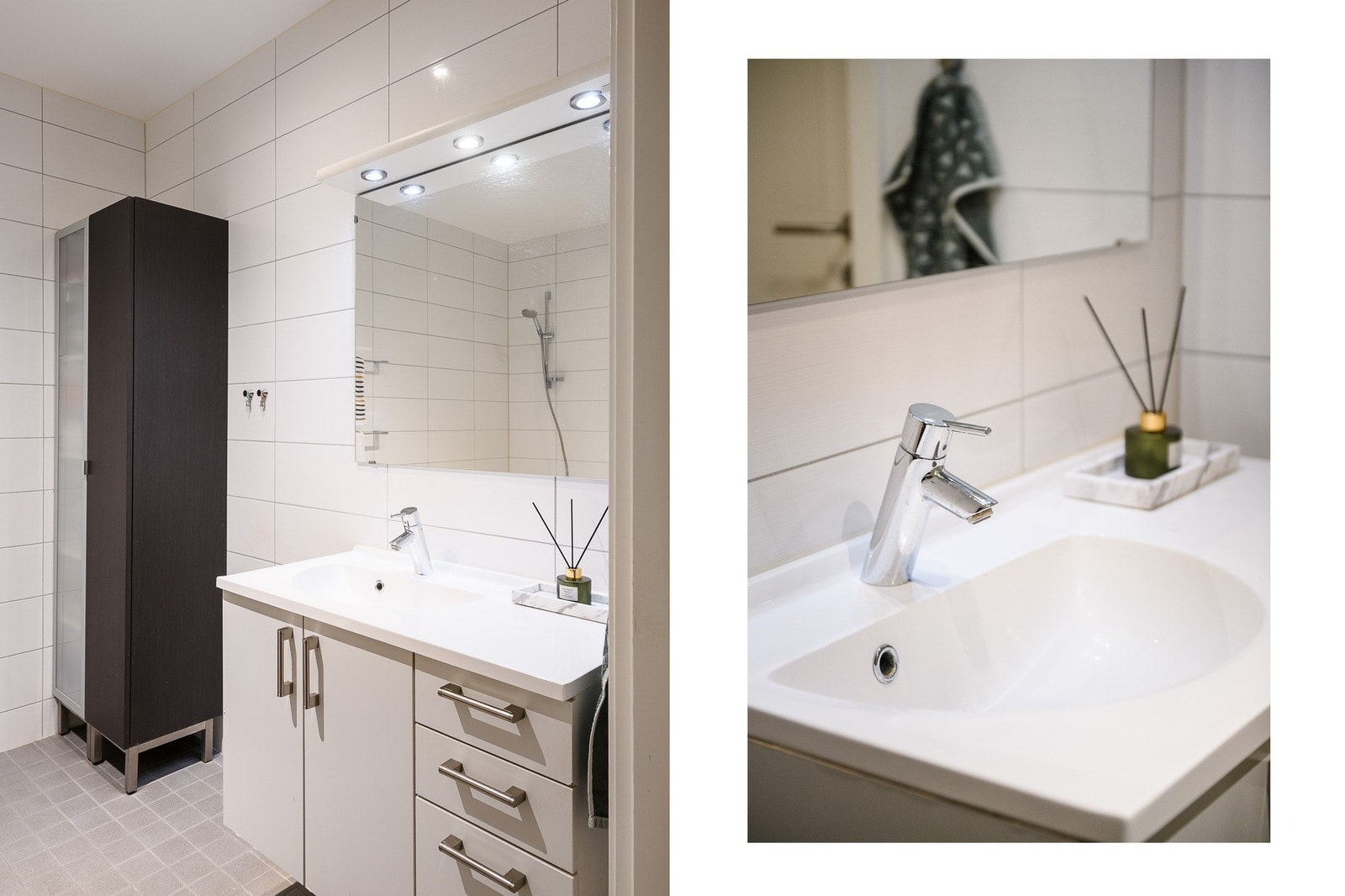 Baderomsinnredning med slette kanter og heldekkende servant med 1-greps blandebatteri, samt speil med belysning. Galleribilde