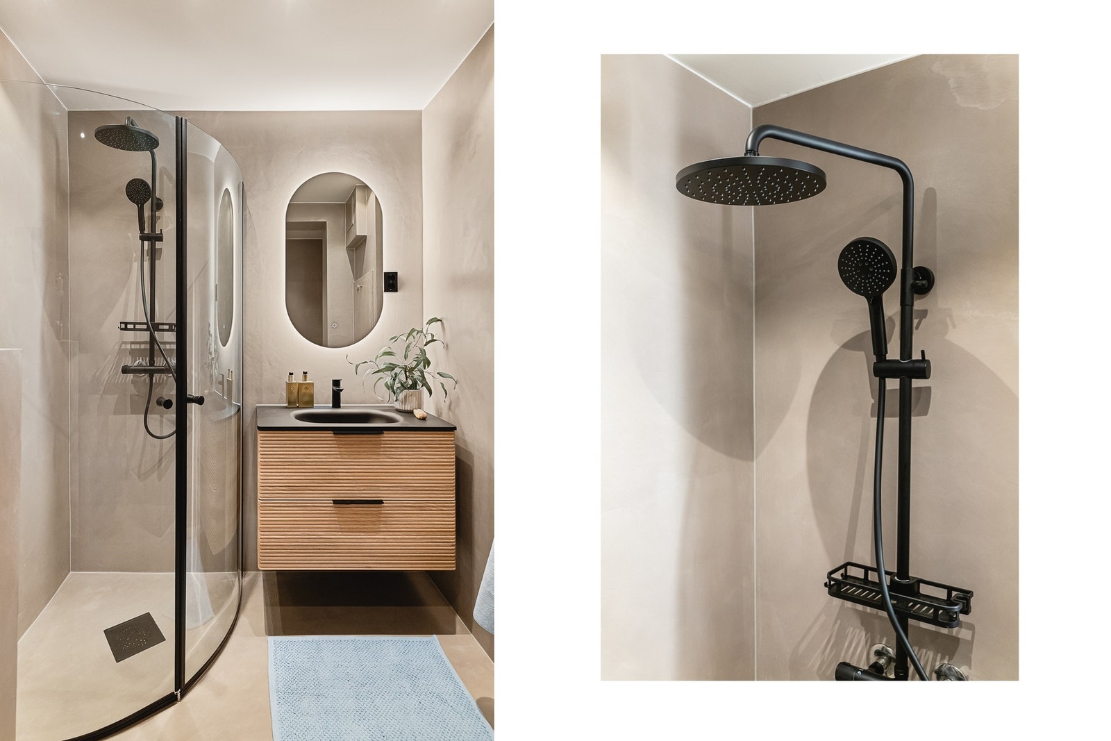 Badet ble pusset opp i 2026, med mikrosement lagt av håndverkere over eksisterende fliser, for et luksuriøst og spa-aktig inntrykk. Galleribilde