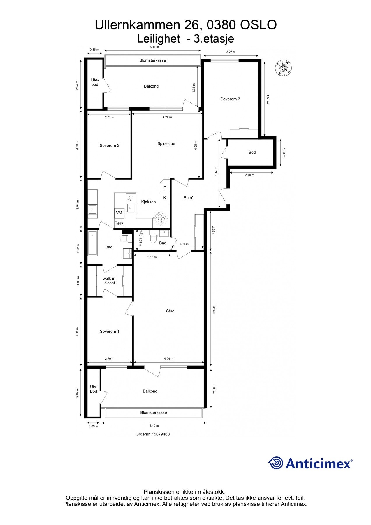 Plantegning. BRA-i 136 m²: Entré, to baderom, kjøkken/spisestue, stue, tre soverom og walk-in closet. BRA-e 5 m²: Utvendige boder. TBA 28 m²: Balkonger Galleribilde