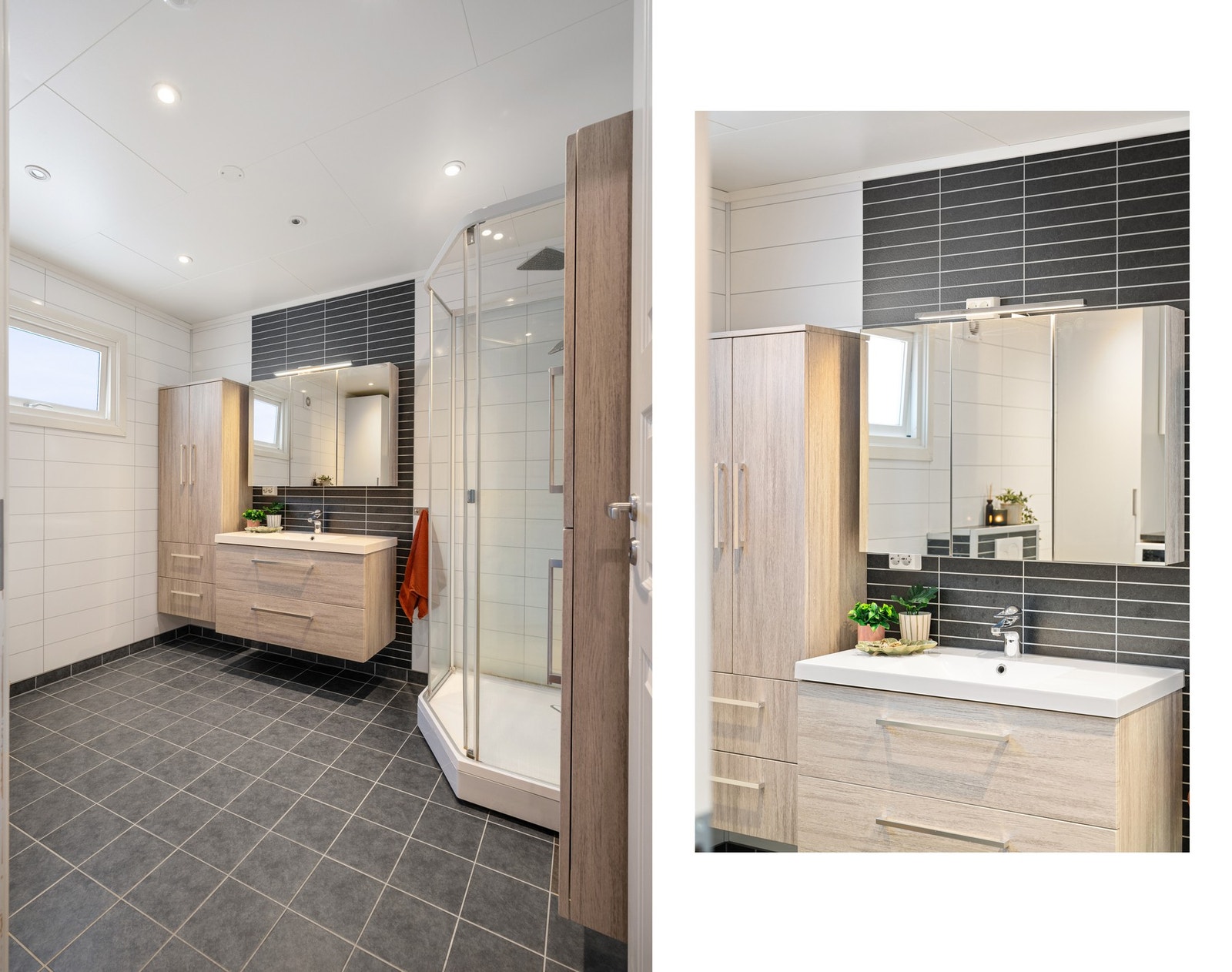 Badet ble renovert i 2015 og inneholder moderne baderomsinnredning, dusjkabinett og toalett Galleribilde