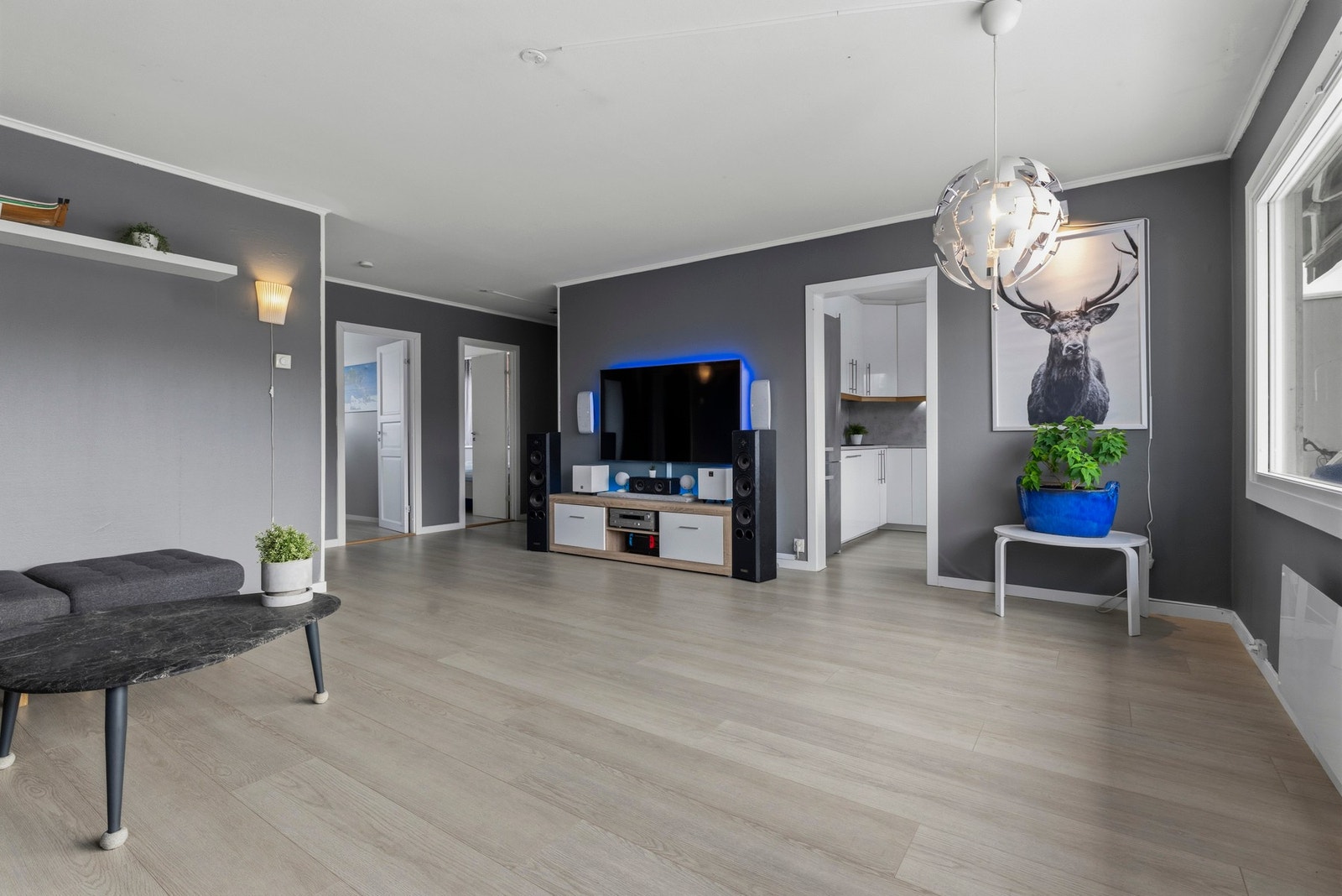 I rommet er det et stort vindu som slipper inn godt med dagslys. Stuen har også en terrassedør som leder ut til leilighetens balkong. Galleribilde