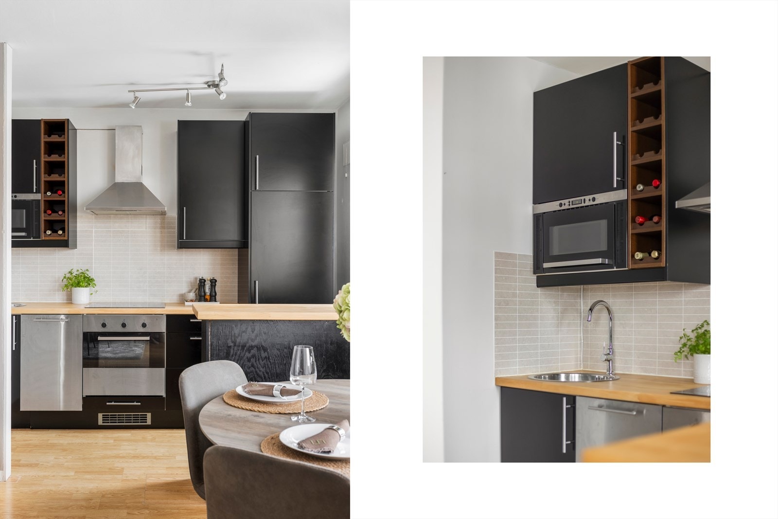 Kjøkkenet er utstyrt med integrert platetopp, stekeovn, oppvaskmaskin og kjøle-/fryseskap som medfølger. Galleribilde