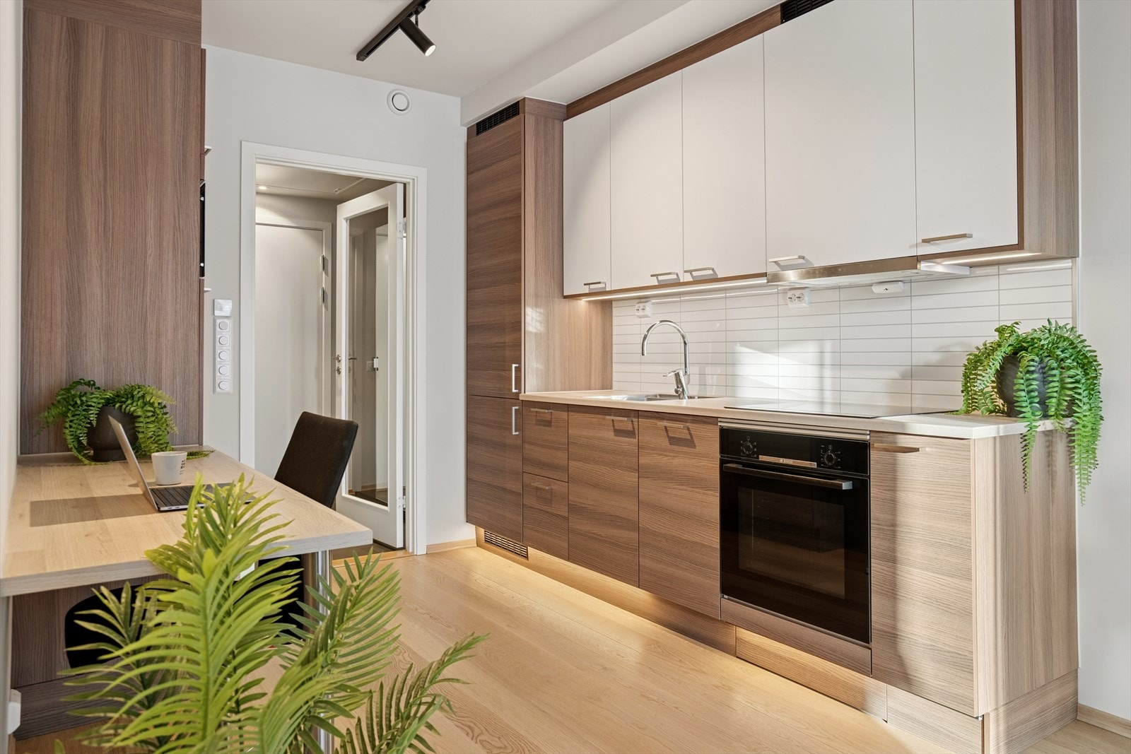 Integrerte hvitevarer: kjøl/frys, oppvaskmaskin, komfyr, induksjonstopp og mikrobølgeovn. Galleribilde