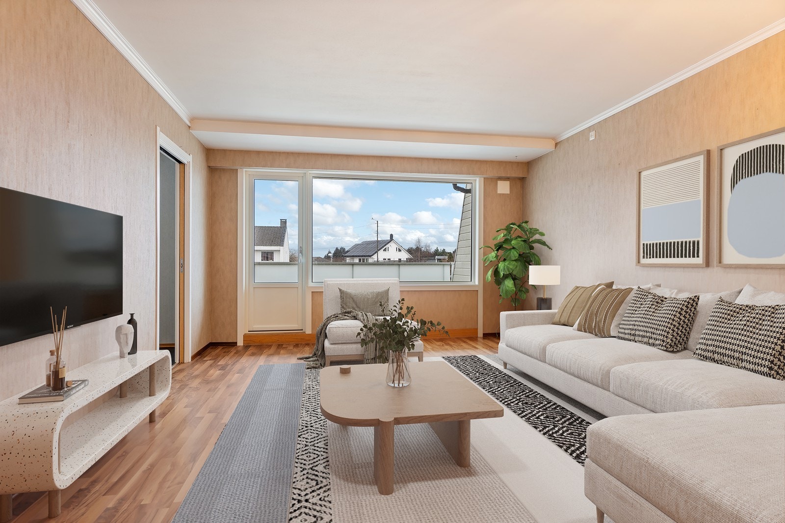 Stue har utgang til vestvendt terrasse - digitalt møblert Galleribilde