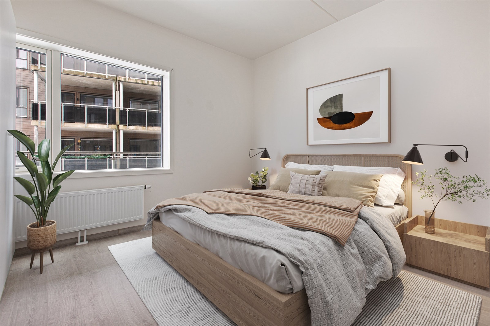 Romslig soverom med plass til dobbeltseng og garderobe. (Bildet er digitalt stylet) Galleribilde