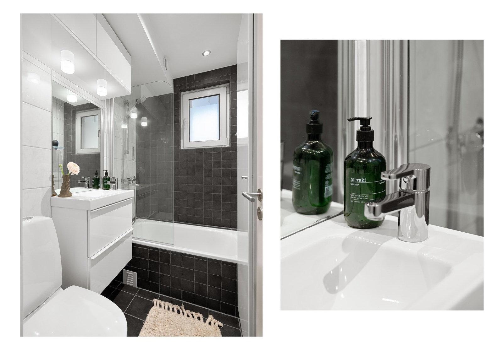 Det er innredet med innfliset badekar, servantinnredning og toalett. Galleribilde