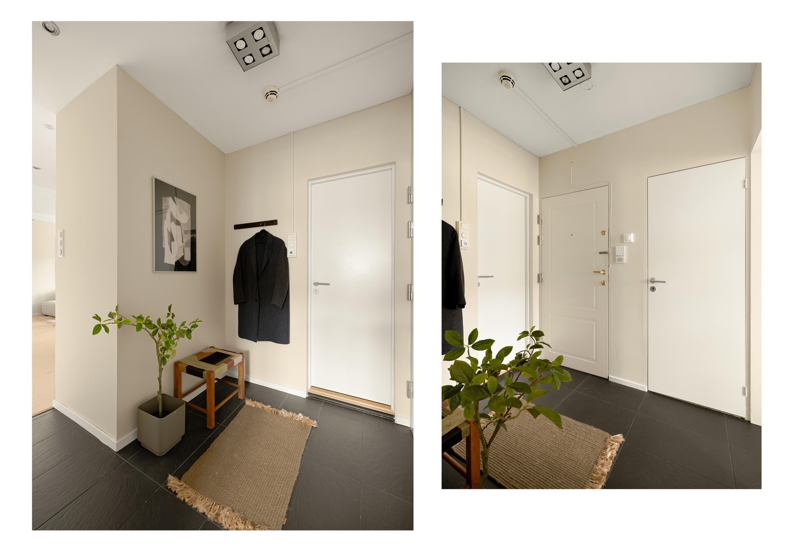 Inngangspartiet er pent flislagt, med plass til oppheng av yttertøy og lagring av sko. Det er også godt med lagring i eget kott, samt to eksterne boder. Galleribilde