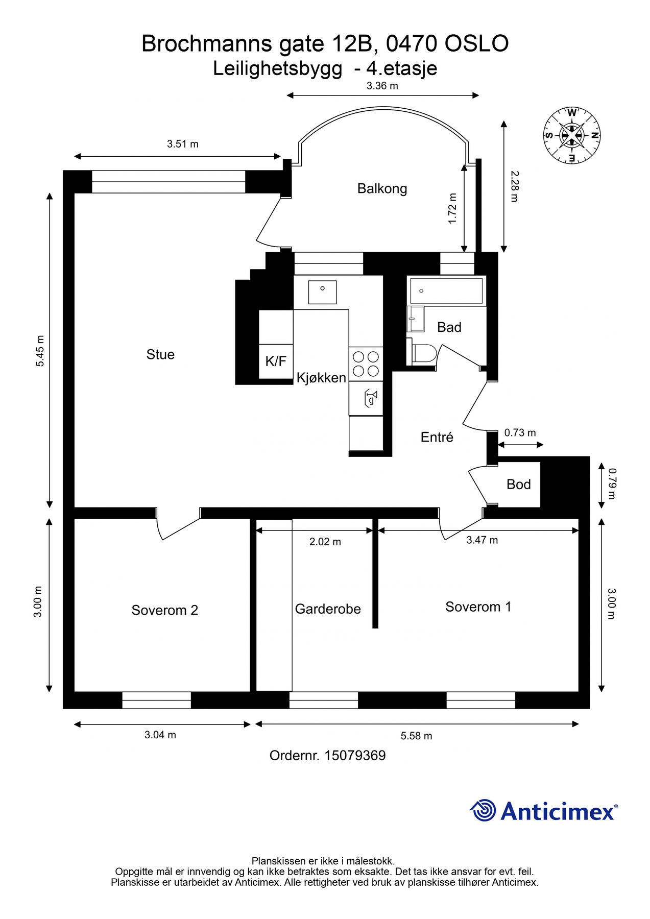 Før vi blar videre ser vi nærmere på boligens planskisse, slik at du får orientert deg litt. Originalt hadde leiligheten tre soverom, så det er fine muligheter for det her. Galleribilde