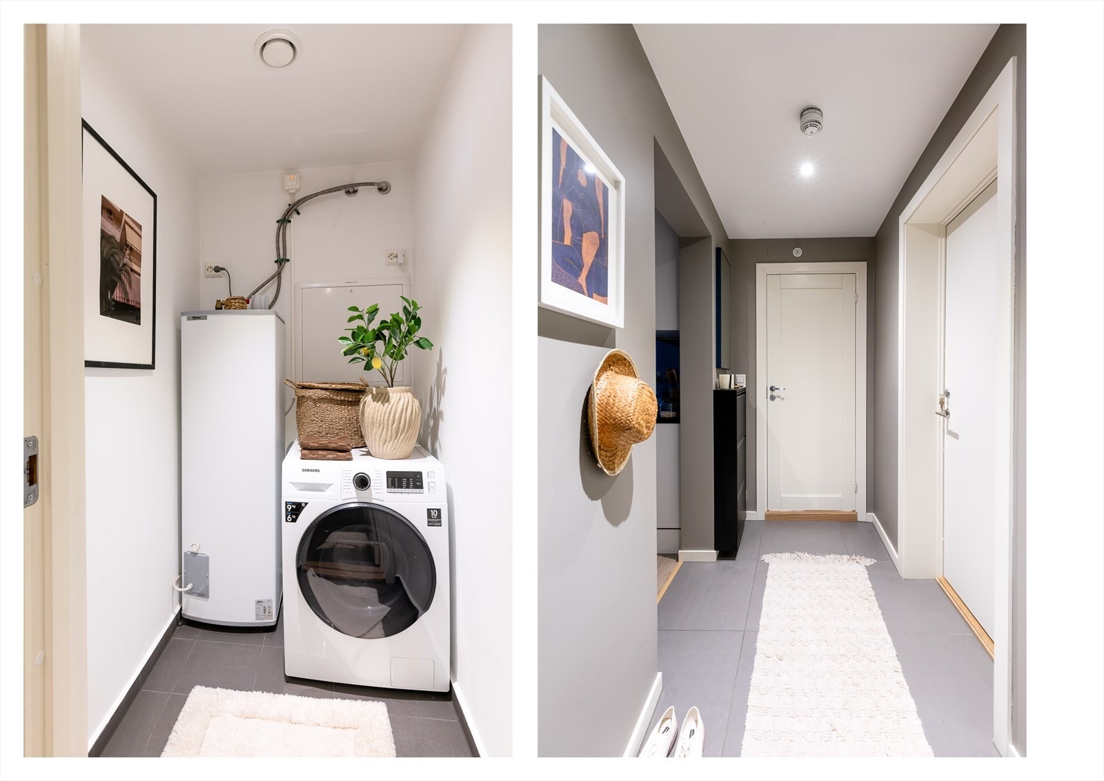 Praktisk entré med god plass til yttertøy og sko. Tilgang til eget vaskerom med opplegg for vaskemaskin og tørketrommel. Galleribilde