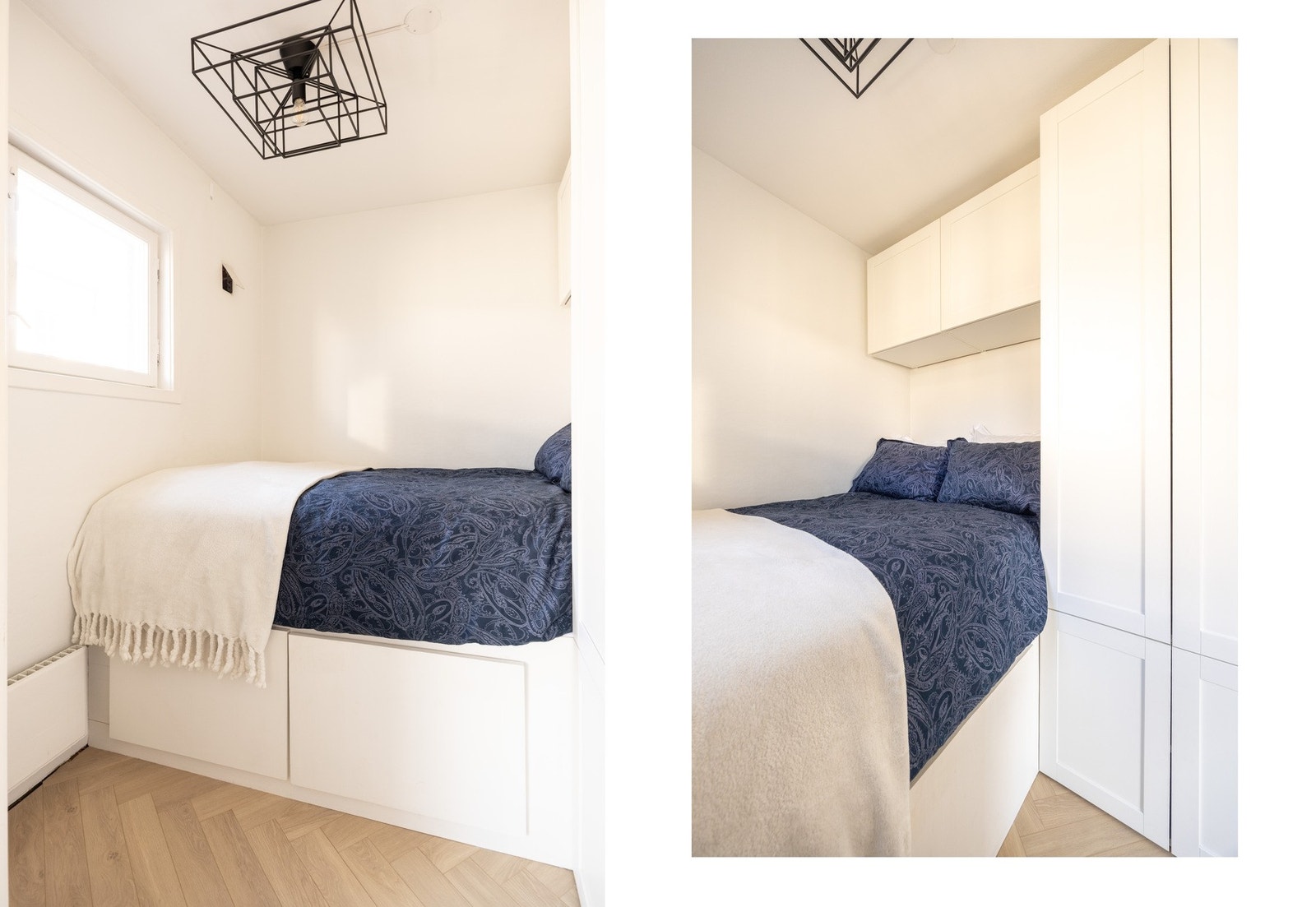 Praktisk sovealkove med innebygd seng og garderobeløsning for oppbevaring. Galleribilde