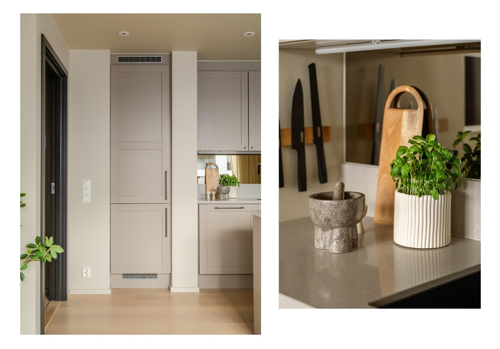 Alle hvitevarene på kjøkkenet er integrerte og medfølger leiligheten. Det er kjøle- og fryseskap, oppvaskmaskin, stekeovn og koketopp (helt nye i 2025). Galleribilde