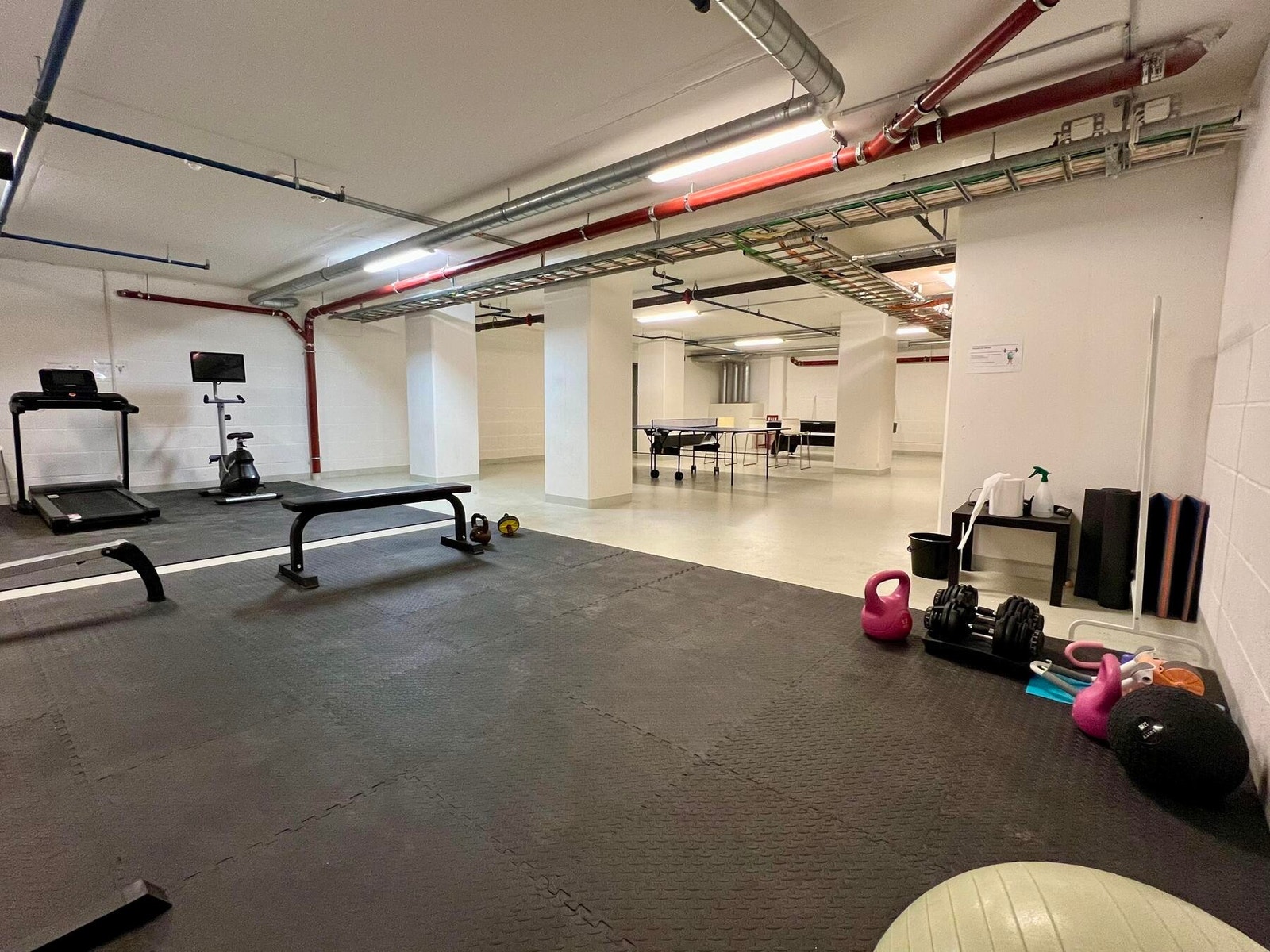 Romslig treningsrom i U2 med apparater og frivekter. God ventilasjon med både friskluft og avtrekk. Kun tilgjengelig for beboerne. Galleribilde