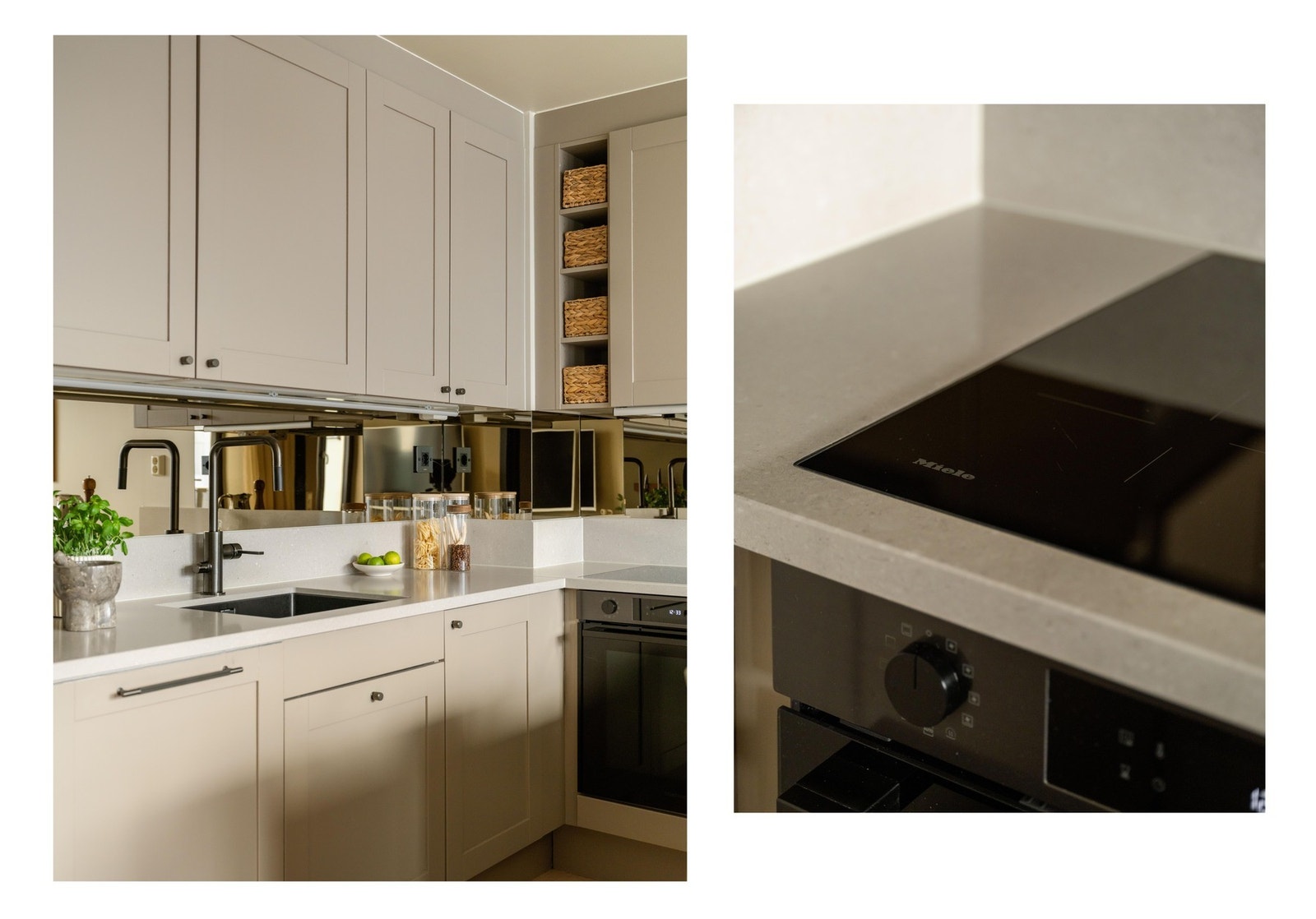 Det er innholdsrikt med svært gode oppbevaringsløsninger i både skuffer og skap. Frontene ble malt i moderne fargetoner i 2025, og ny benkeplate i kompositt montert. Galleribilde