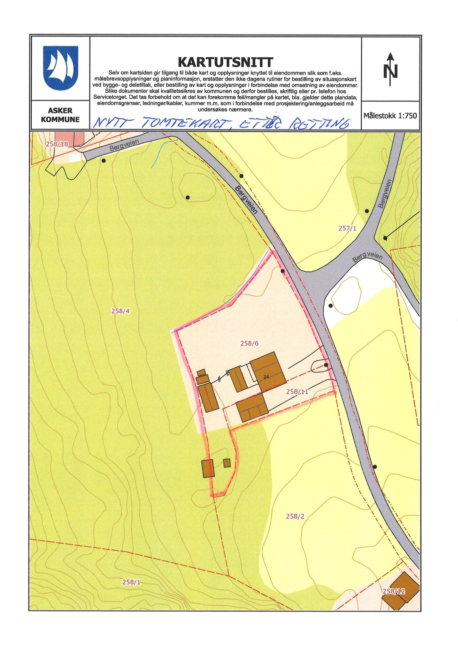 Kart fra Asker kommune med inntegnet ca eiendomsgrenser, areal ca 2211 kvadratmeter. Galleribilde