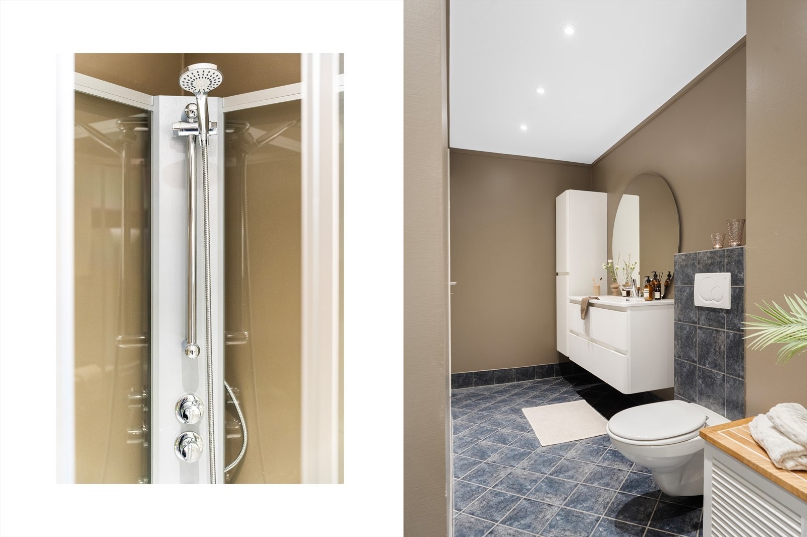 Badet er innredet med baderomsinnredning med innredning med servant, vegghengt toalett, nyere dusjkabinett, utslagsvask, høyskap og opplegg for vaskemaskin. Galleribilde