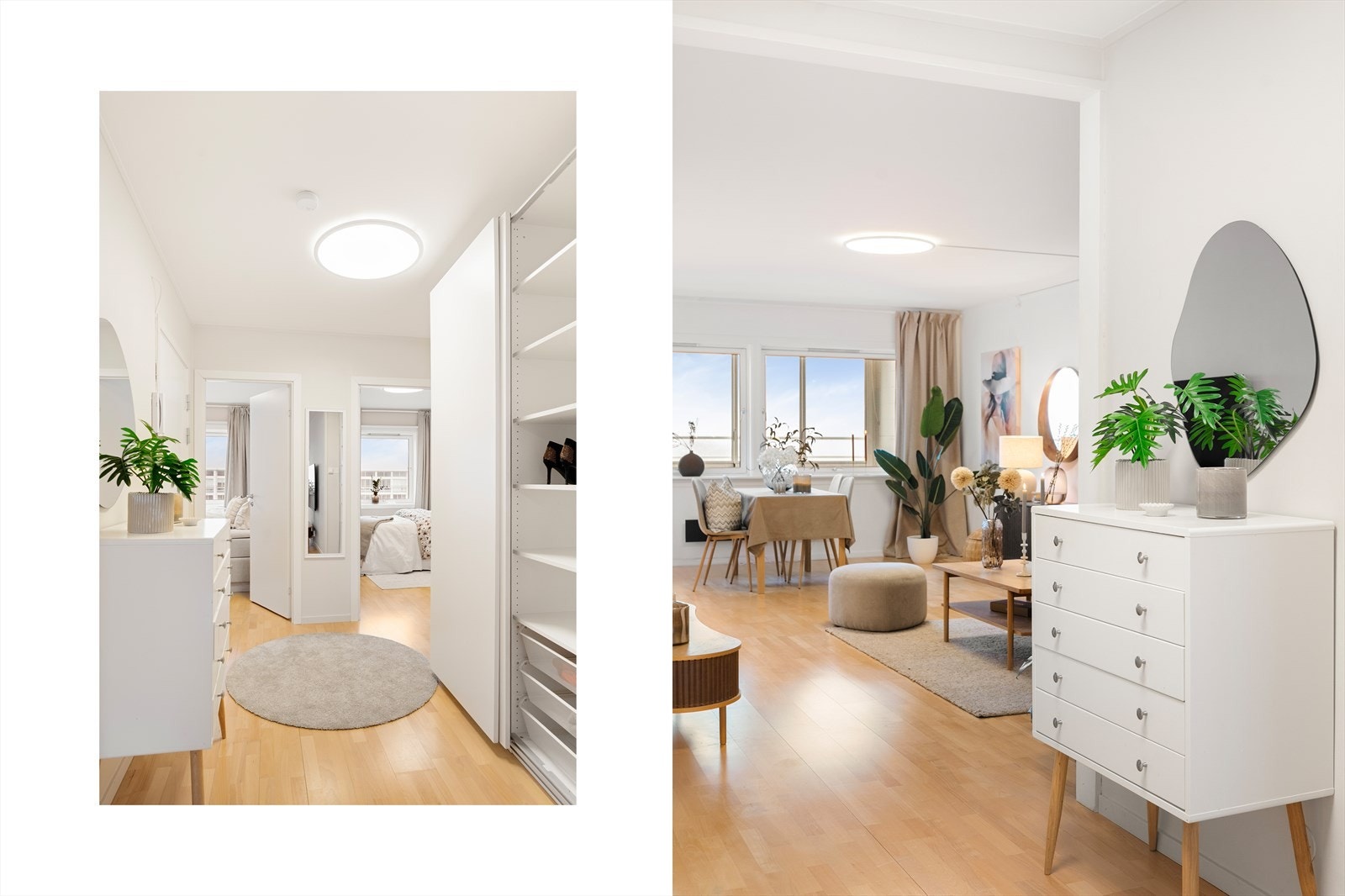 Innbydende entré med garderobe, plass til oppheng av ytterklær og oppbevaring av sko. Gangen har porttelefon og leder til soverom, stue og badet. Galleribilde