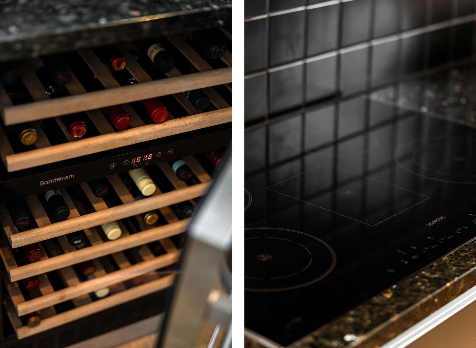 Stilig vinskap som er integrert i kjøkkeninnredningen. Galleribilde