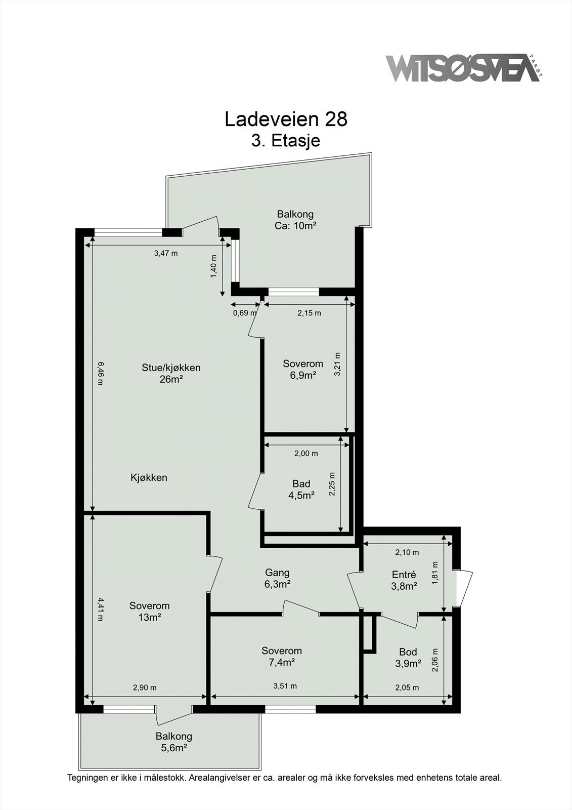 Leiligheten har en arealeffektiv planløsning med tre soverom, åpen stue- og kjøkkenløsning og to balkonger. Galleribilde