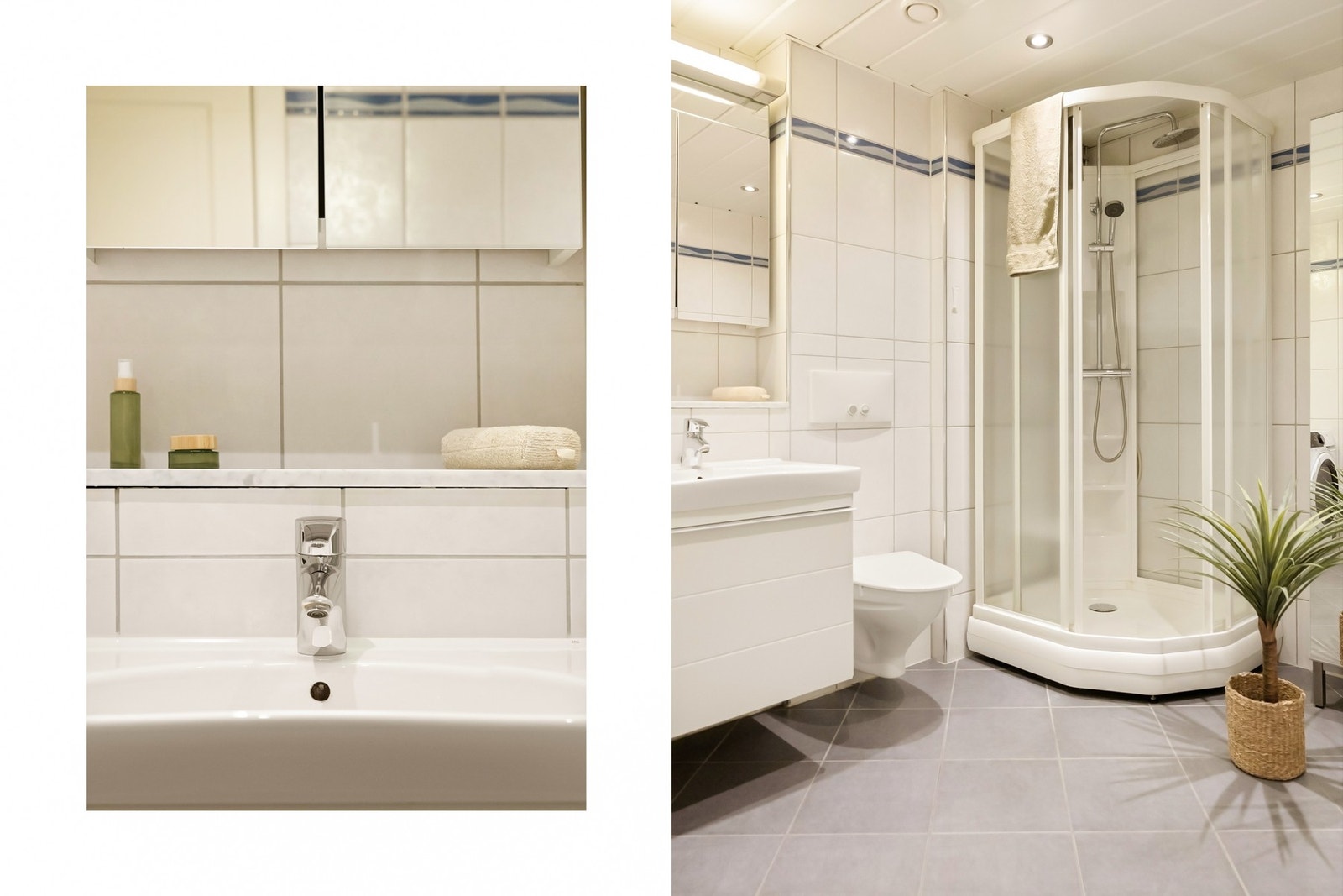 Badet inneholder innredning med servant, toalett, dusjkabinett, speil og belysning Galleribilde