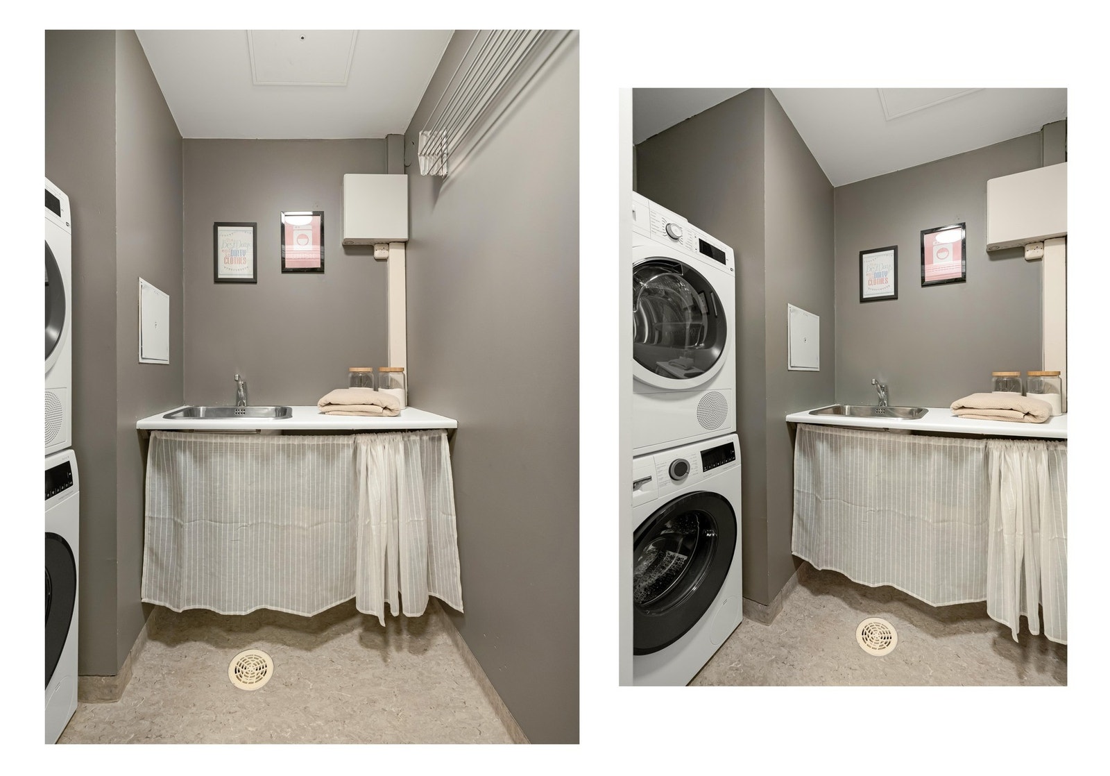 Som er utstyrt med vaskemaskin, tørketommel, servant og en praktisk arbeidsbenk. Skikkelig luksus! Galleribilde