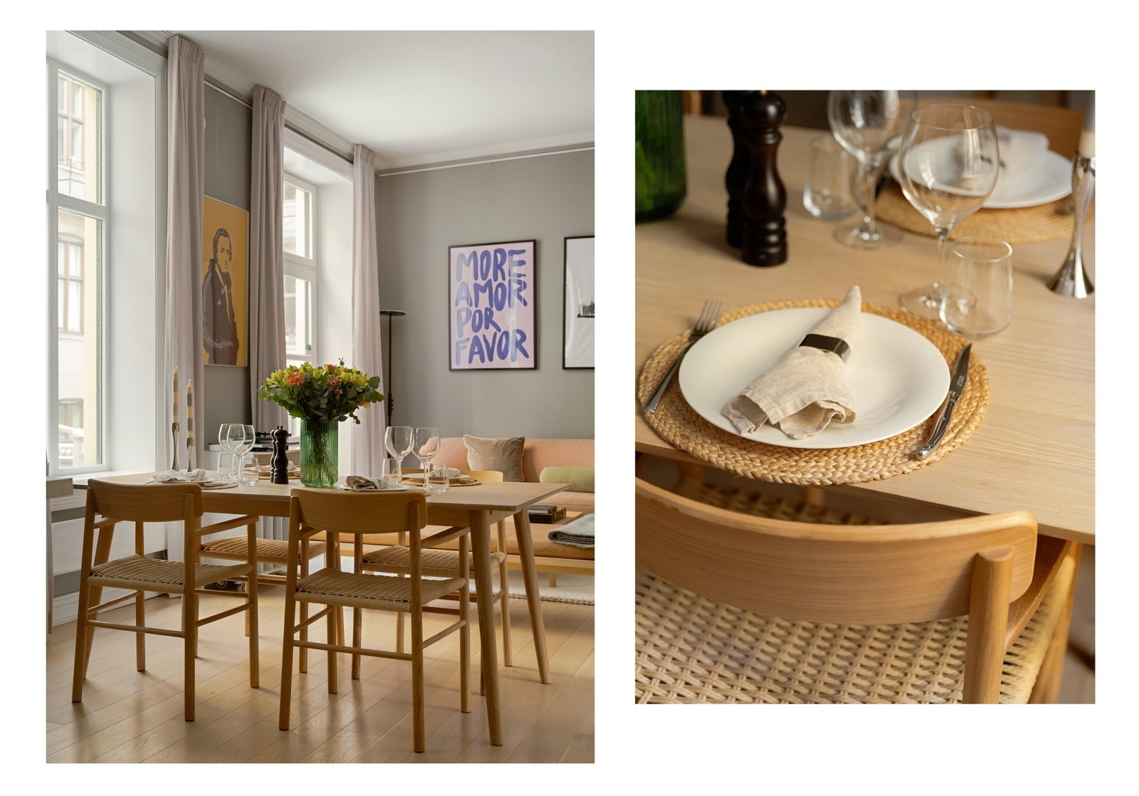 I den største av de to stuene er det dekke til middag og hyggelig selskap, her er det selvfølgelig plass til enda flere gjester! Galleribilde