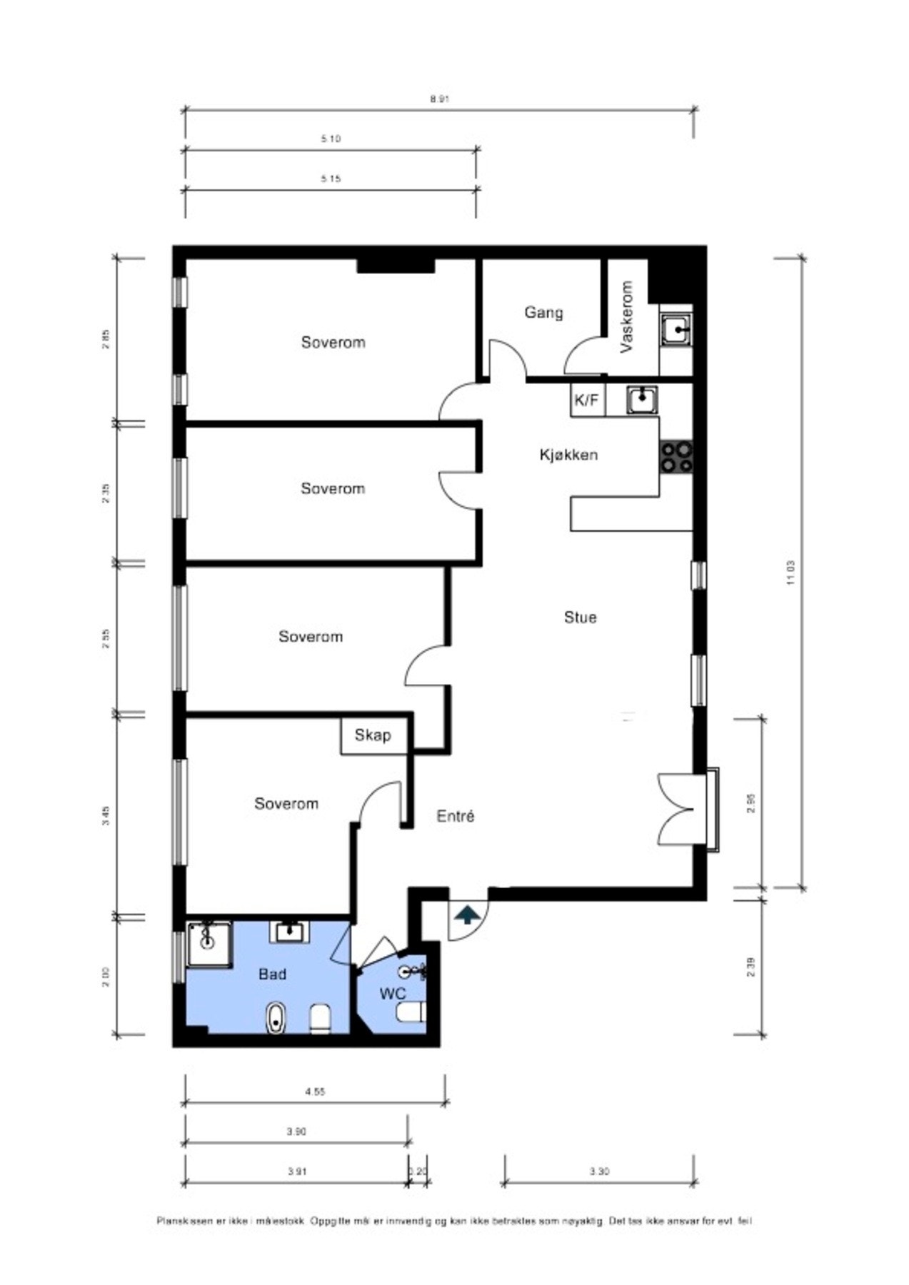Dagens planløsning - Planskisse med mål og rombeskrivelse fra takstmann. Det er mulighet for å ta ned veggen mellom de to øverste soverommene for å lage en stor stue. Galleribilde
