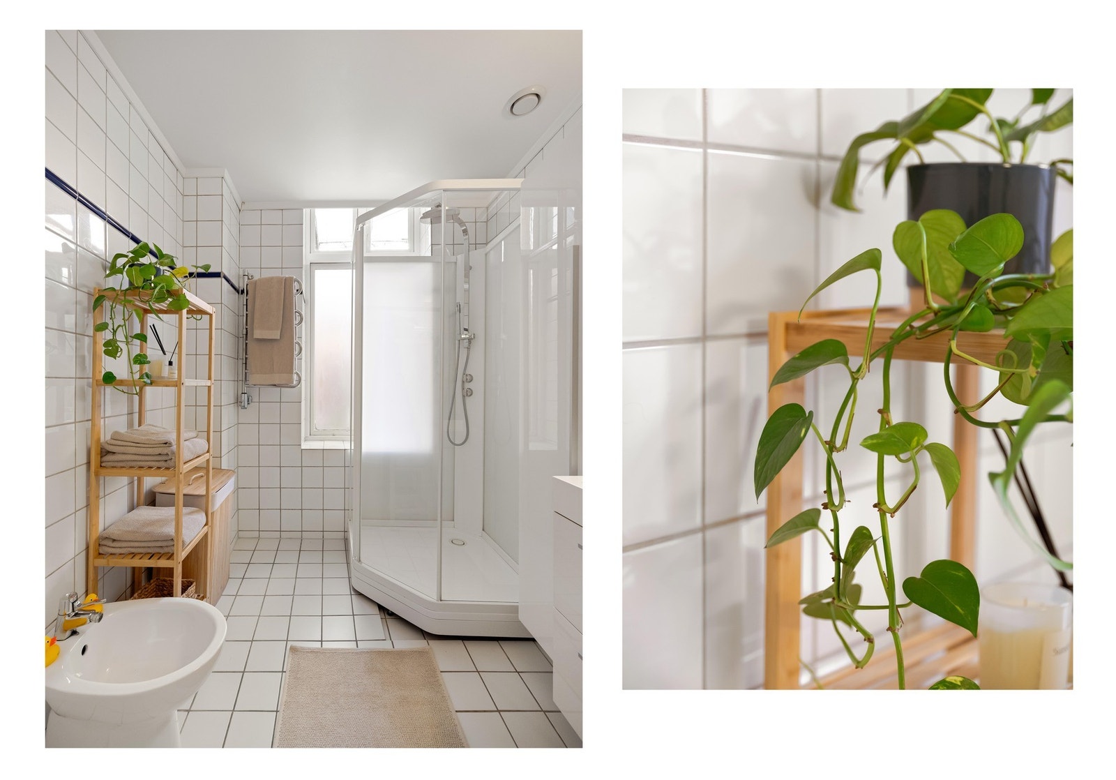 Det flislagte baderommet består av dusjkabinett, servant med underskap, toalett, vegghengt håndkletørker og separat bidé. Galleribilde