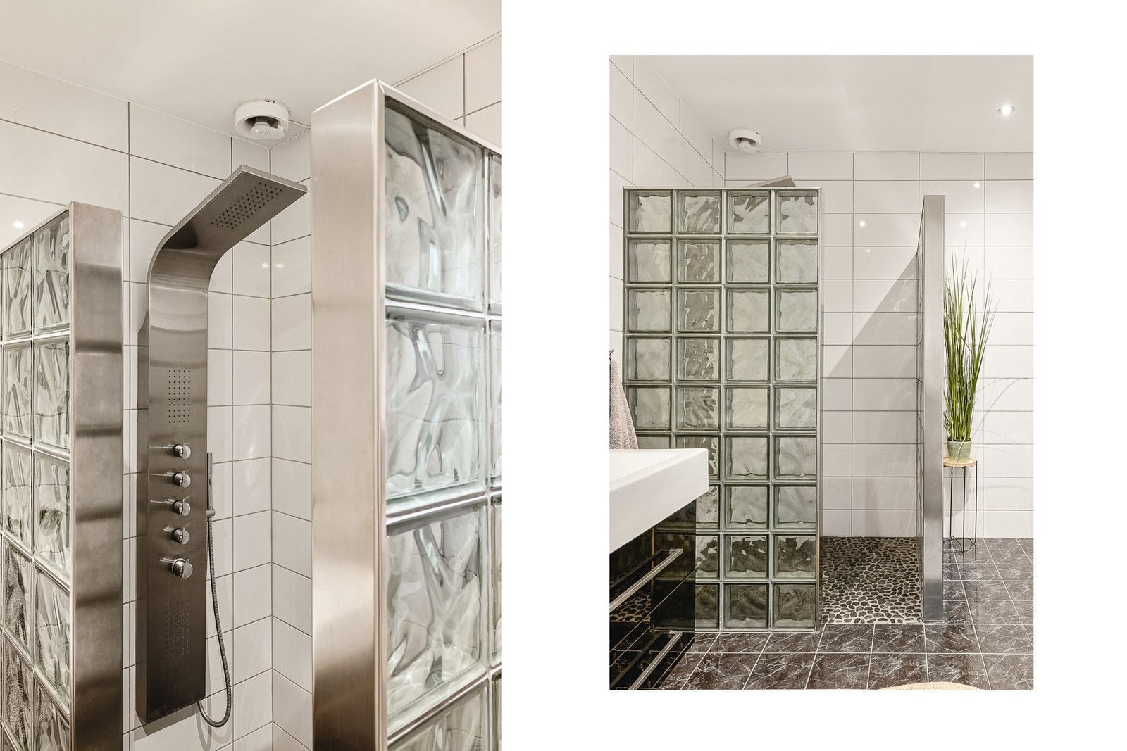 Innredet med servant, dusjhjørne med glassbyggerstein og vegghengt toalett Galleribilde