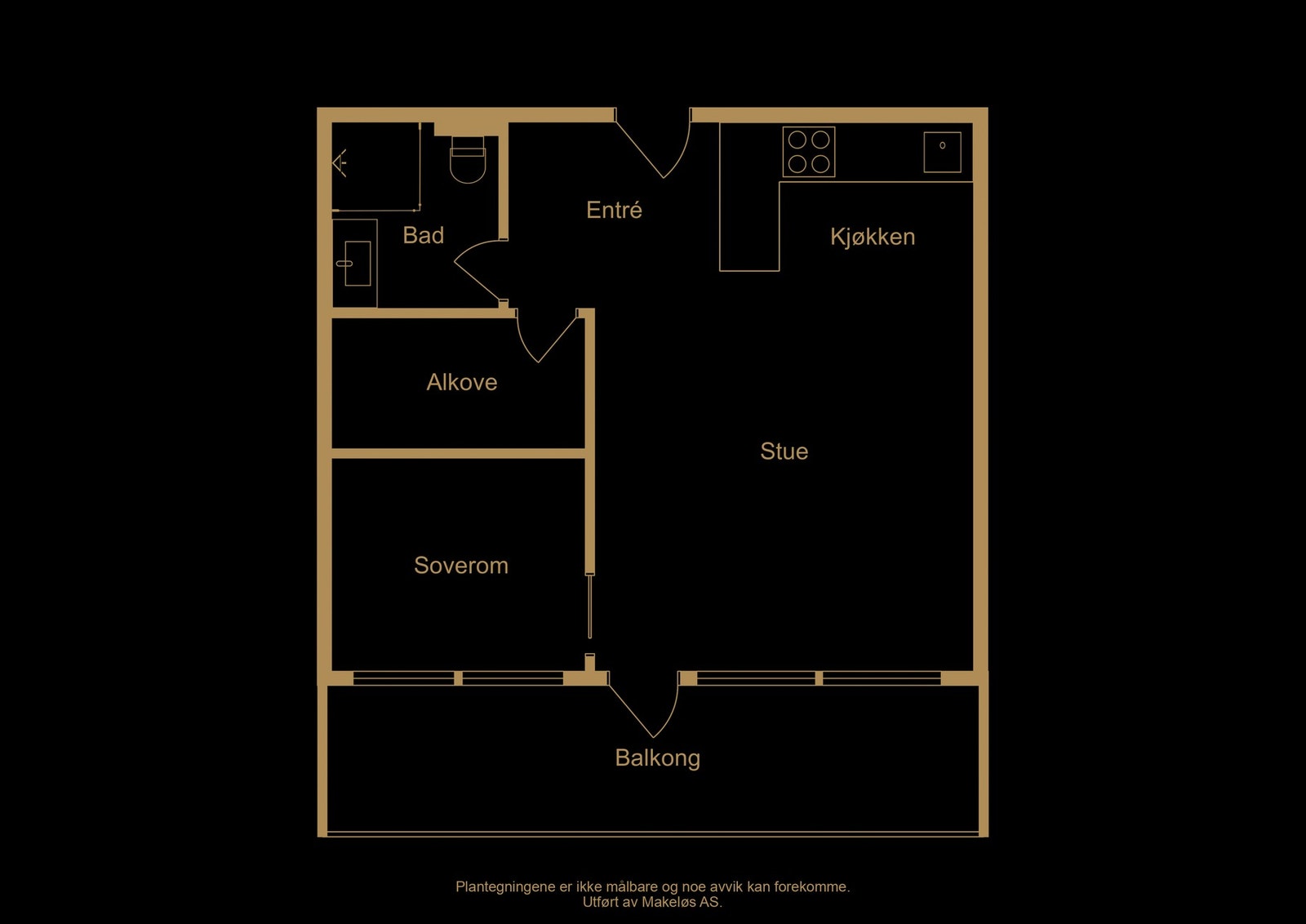 Plantegning er ikke målbar, avvik kan forekomme. Rom angitt som alkove er ikke omsøkt/godkjent Galleribilde
