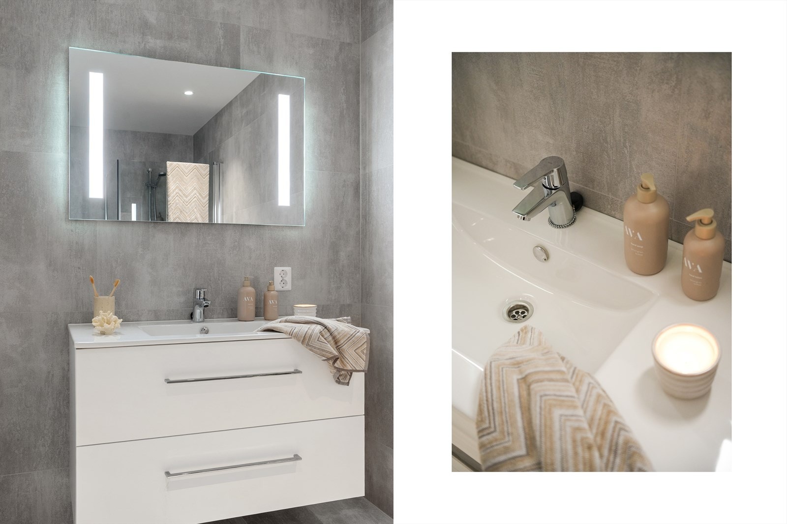 Badet har flott, moderne baderomsinnredning og speil med belysning på vegg Galleribilde