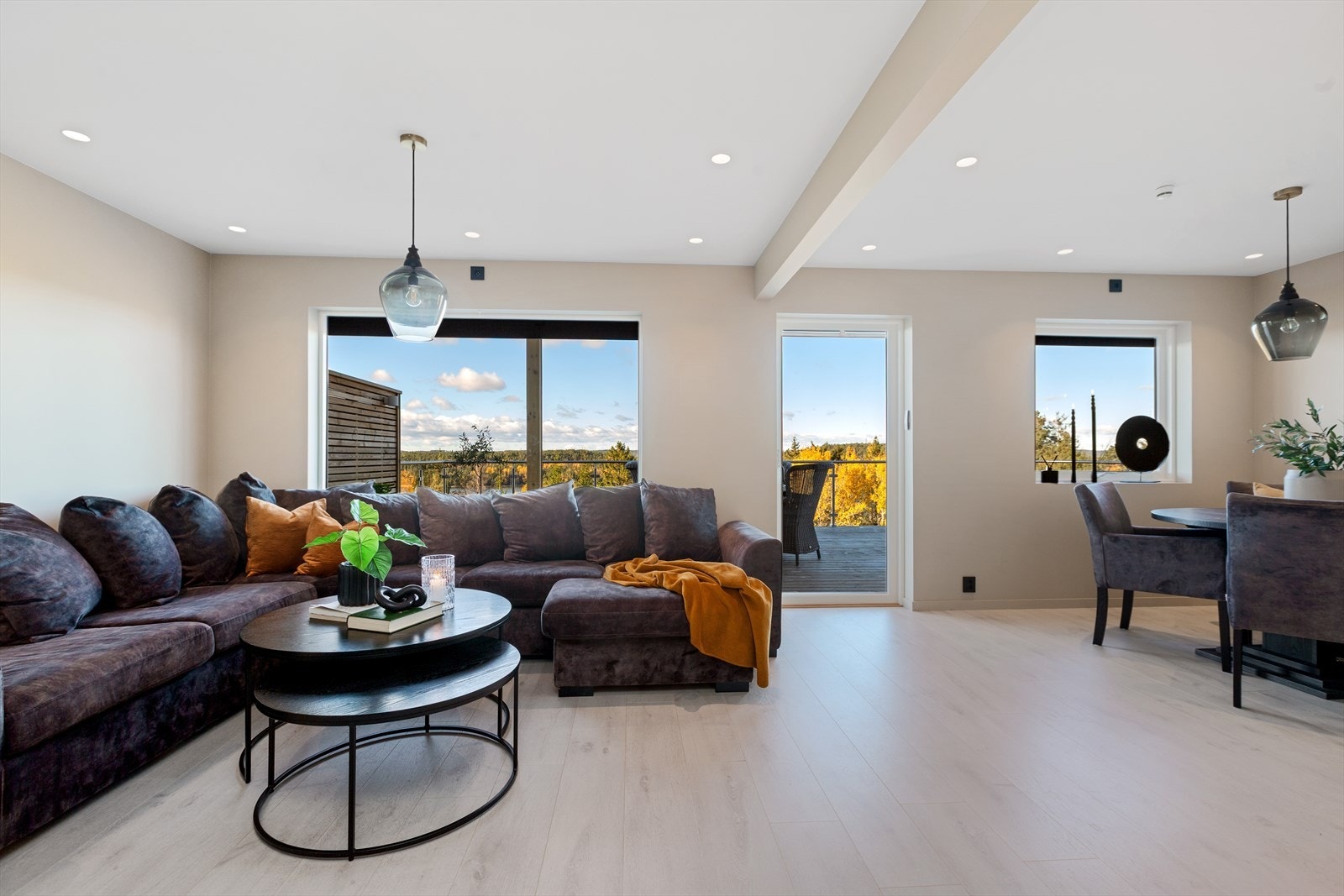 Stue som har naturlig plass for spisestue og dagligstue Galleribilde